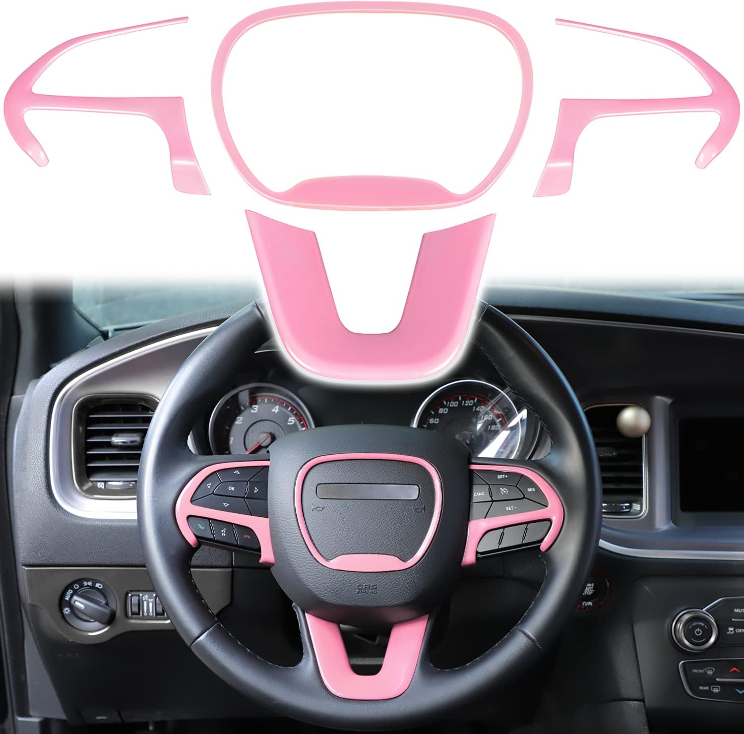 LAIKOU 4PCs Steering Wheel Cover Trim Ring Frame Kit Overlay Interior Accessories fit for 2015-2021 Dodge Challenger Charger fit for 2014-2021 Durango & for Jeep Grand Cherokee SRT8 (Baby Pink)