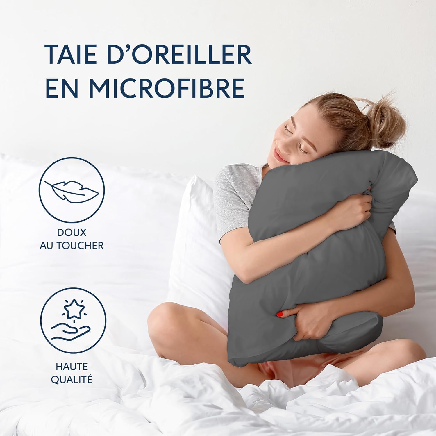 Dreamzie Taies d’Oreiller 65x65 cm Lot de 2 – Microfibre 85g/m² Toucher Peau de Pêche Anthracite, Certifiées OEKO-TEX - Image détaillée