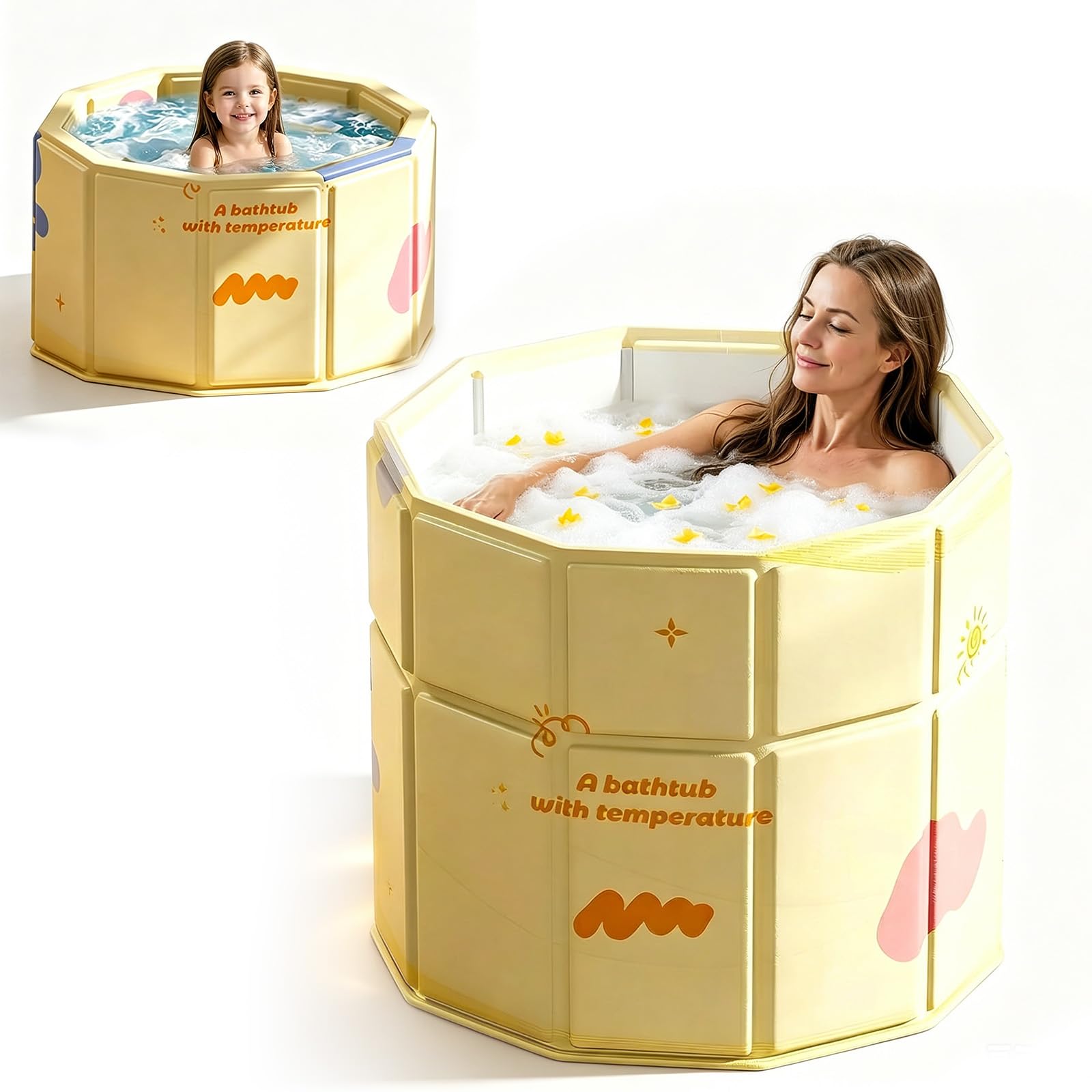 Portable Bathtub for Adults & Kids, Large Dual-Height Foldable Soaking Bathtub, Ice Bath Tub for Cold Water Therapy, Collapsible Cold Plunge for Recovery, Freestanding Bathtub for Shower Hot Spa Sauna