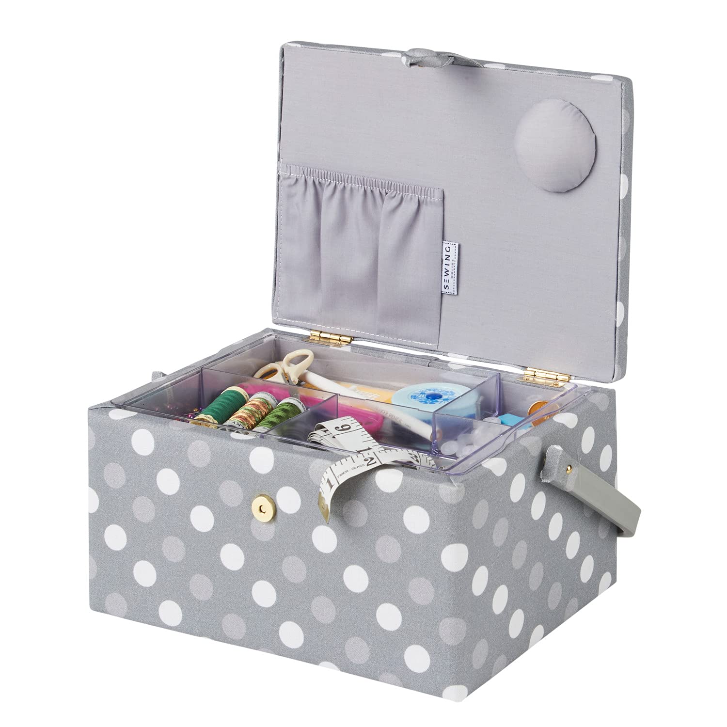 Sewing Online Średni koszyk do szycia, szary w kropki | 26 x 18 x 15 cm | Koszyk do przechowywania i organizowania z przegrodami na akcesoria do szycia, nici, igły i nożyczki - GA1129M
