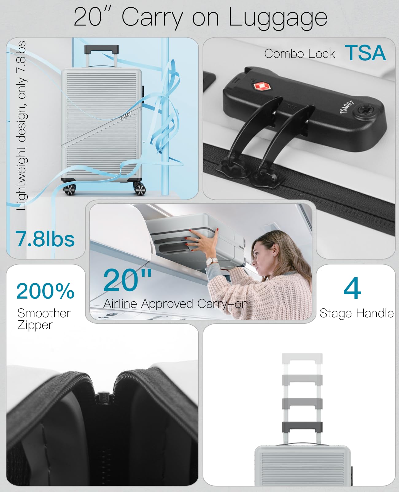 Valigia rigida con ruote girevoli, approvata dalle compagnie aeree da 50,8 cm, leggera, con serratura TSA e porta di ricarica USB per viaggi, Grigio, Valigia rigida leggera con serratura Tsa e porta