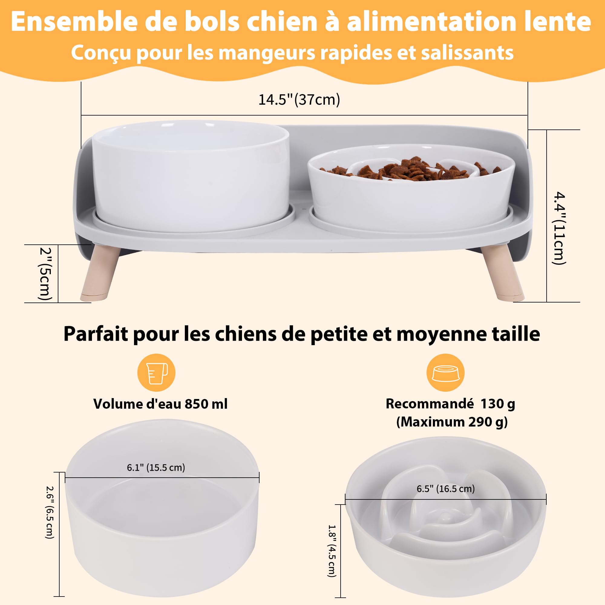 Gamelle Chien Anti-glouton surélevée Set - gamelles céramique avec Support Plastique antidérapant - Bol Alimentation Lente et Bol d’Eau pour Chiens de Petite et Moyenne Taille