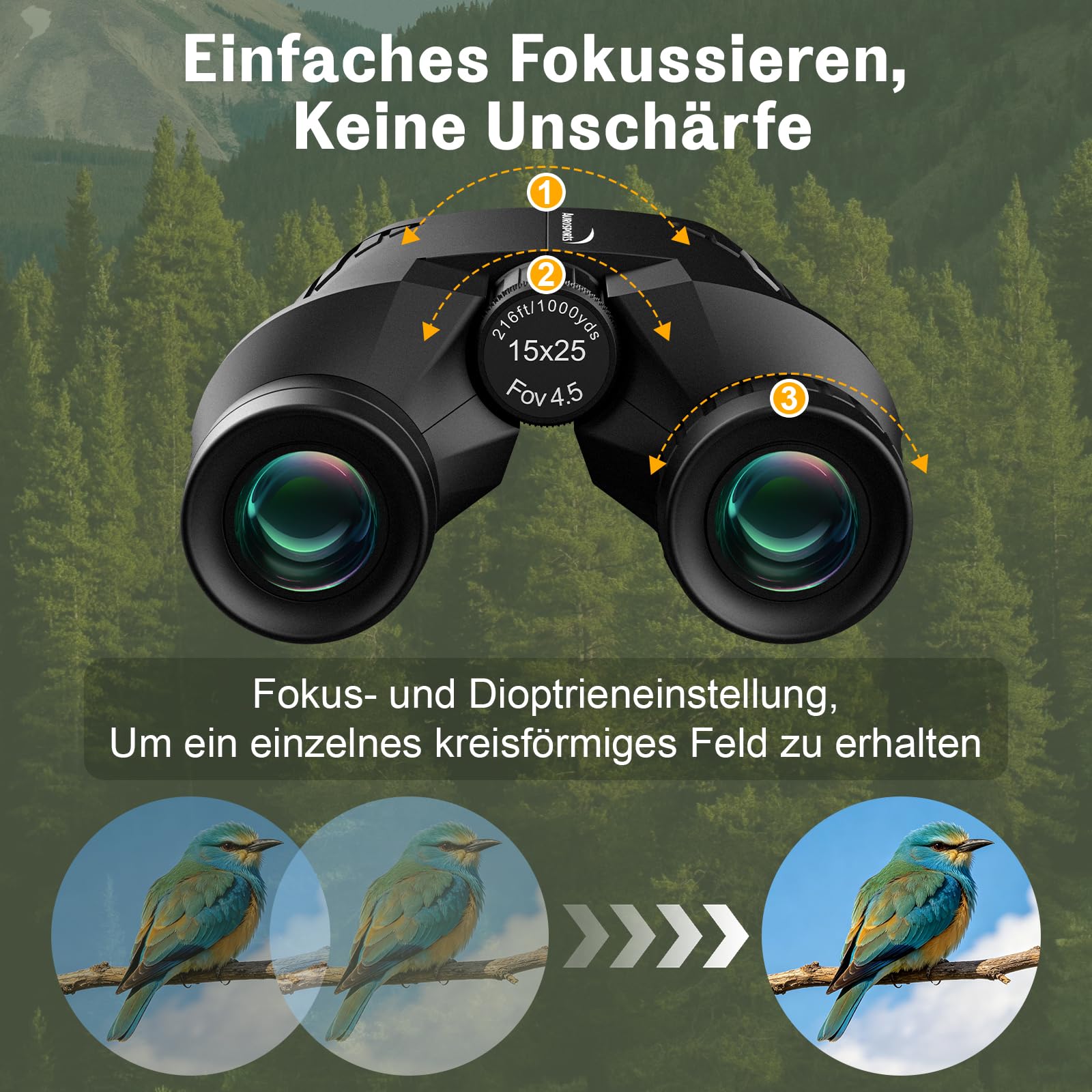 Aurosports Fernglas 15x25 Kompakt Fernglas für Kinder Erwachsene Ferngläser | Klein, Hochauflösend, Einfacher Fokus, Vogelbeobachtung, Reisen Jagd, Konzerte, Camping, Theater, Sportüberwachung, Schwarz