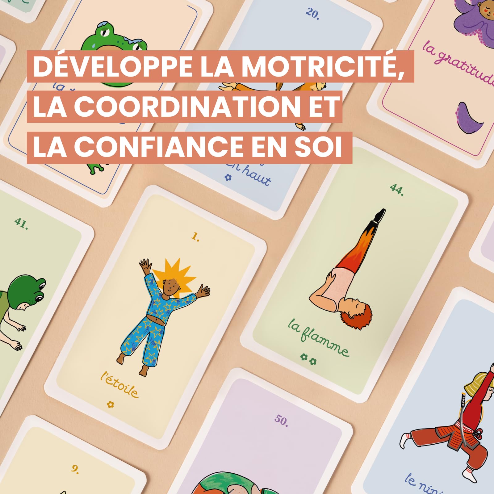 YogAsana Yoga Niño 75 Cartas - Estuche divertido y educativo de Tarjetas de Yoga y Emociones + 5 Historias - Tarjeta Yoga Infantil - Desarrollo motricidad, Confianza, Imaginación y calma