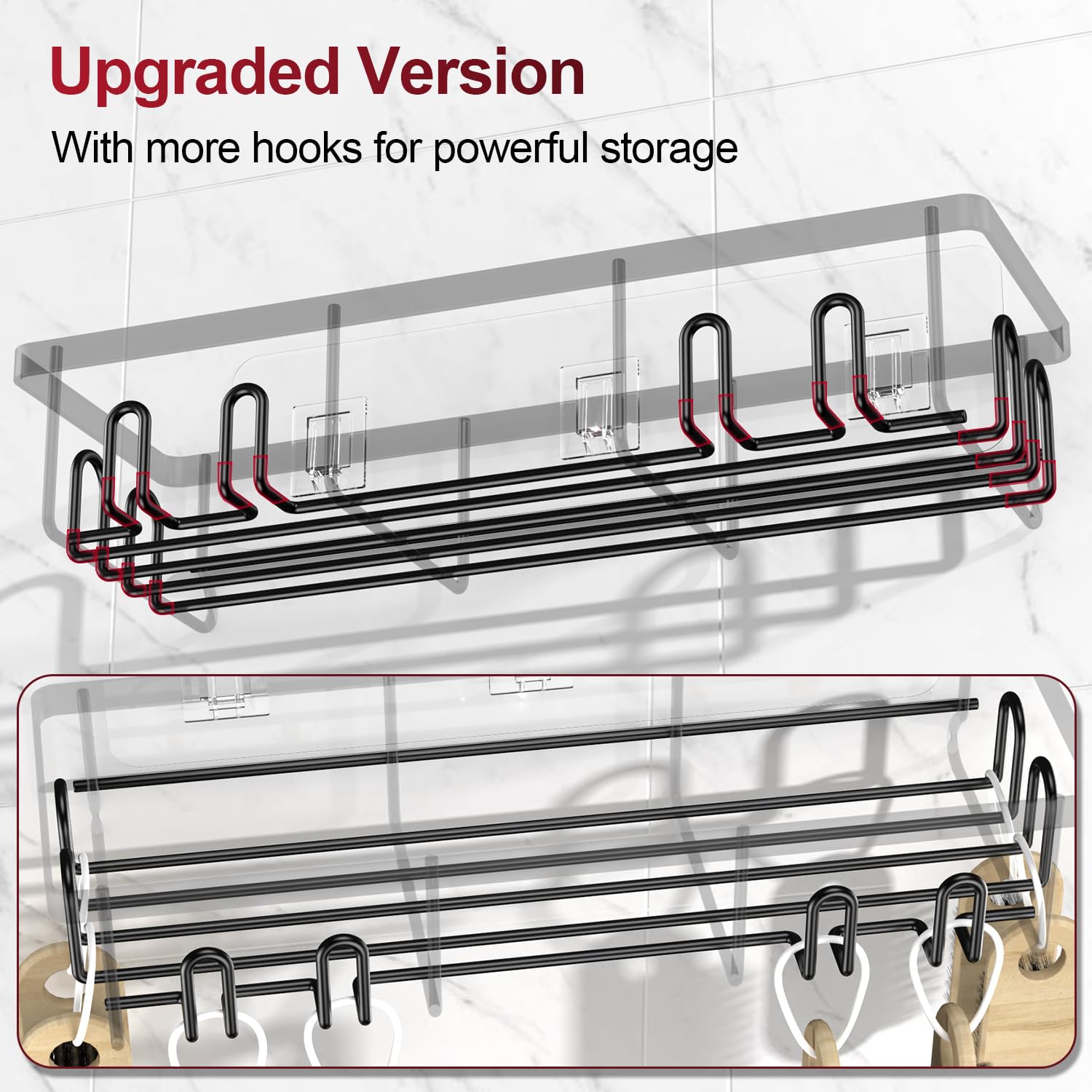Organizador adhesivo para ducha, estantes de ducha con 16 ganchos, estantes de esquina de pared inoxidables para baño interior, sin perforaciones, organizadores de baño elegantes y soportes 4