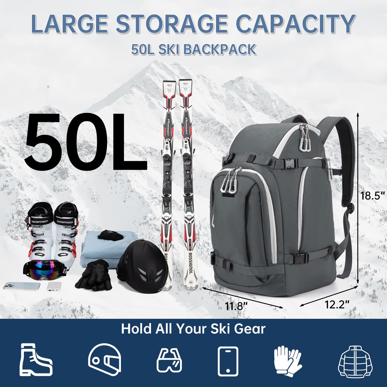 MIGGEEY Borsa per scarponi da sci con scomparto per casco e scomparto per stivali [50 l], zaino da sci con tasca per casco, borsa da sci con funzione di tracolla e spazio per accessori da sci