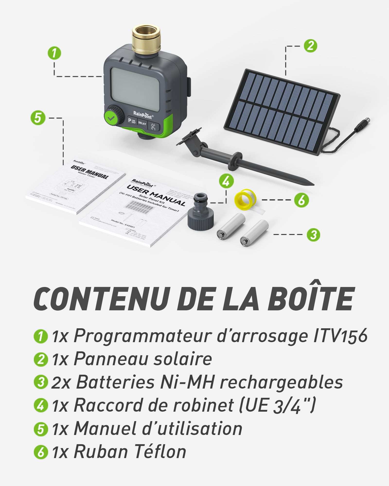 RAINPOINT ITV156 Kit d'arrosage solaire avec minuterie d'arrosage pour robinet de jardin et pelouse, avec panneau solaire et 2 piles AA, 3 programmes indépendants, charge solaire continue