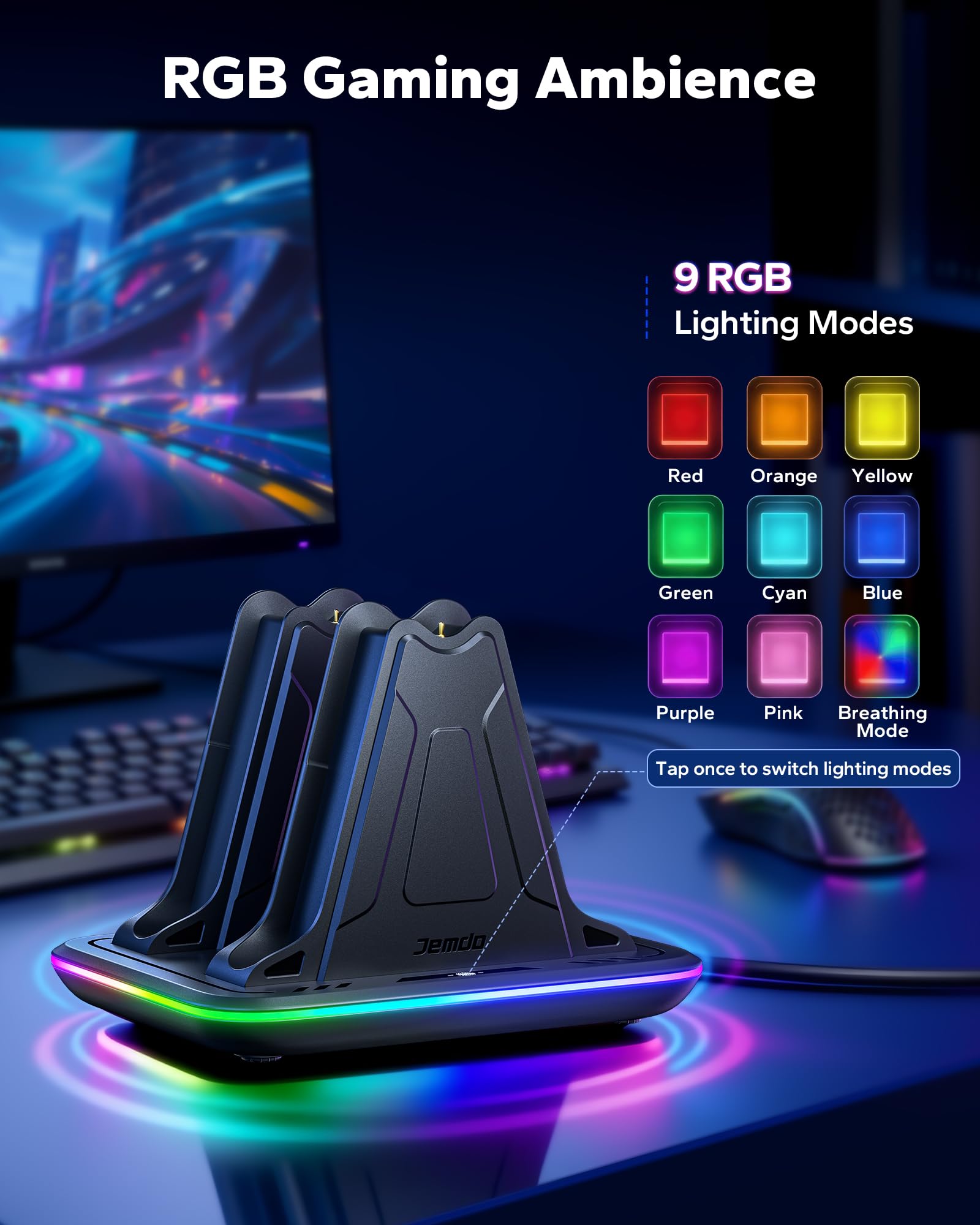JEMDO Station Charge Manette Switch 2 - Support de Recharge Joy Con 2 avec 2 Grips Magnétiques, 9 Modes RGB, Indicateur LED, USB-C, Play & Charge, Accessoire Idéal pour Voyage