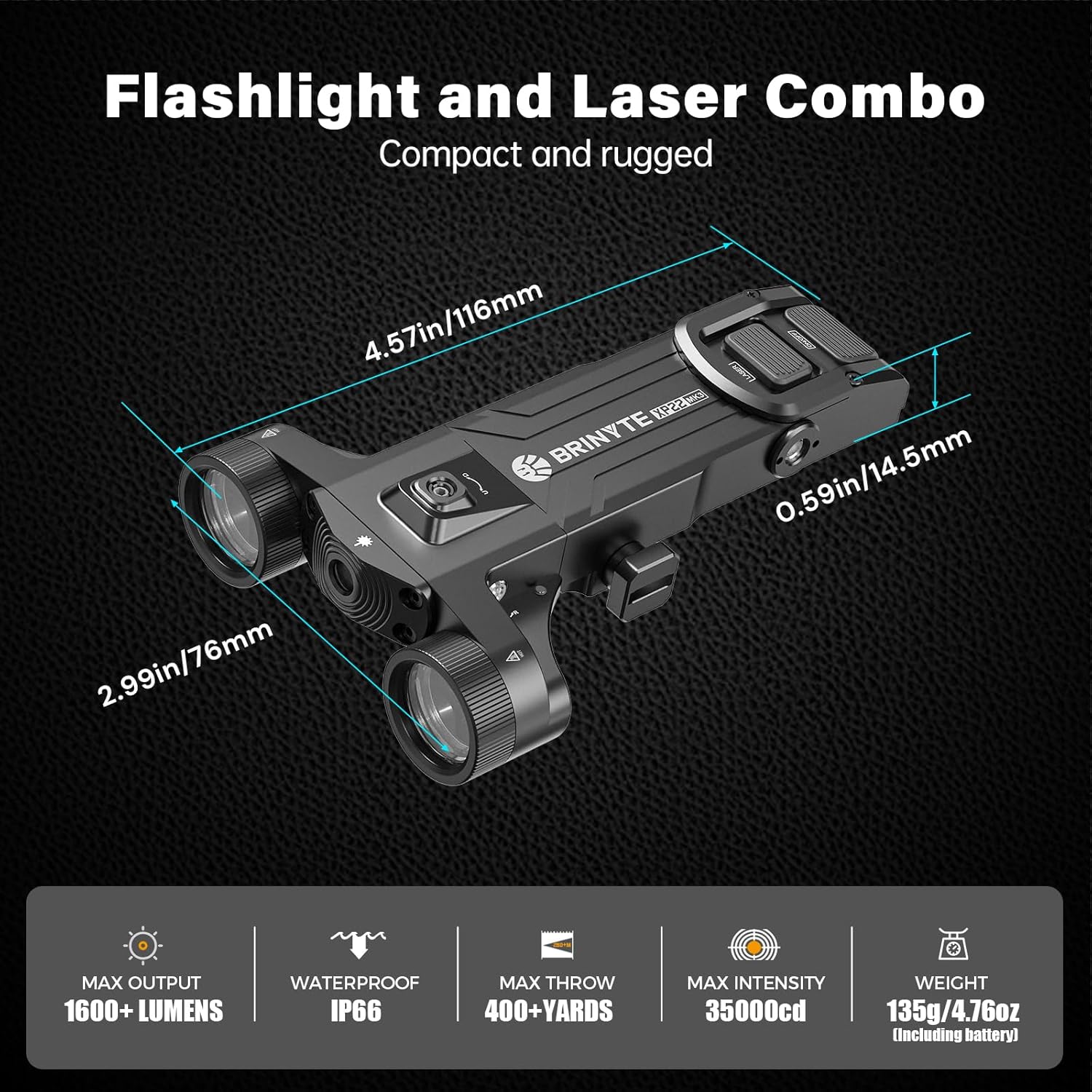 Brinyte XP22 MK3 1600 Lumens Dual-Head Tactical Flashlight with Green Laser Combo, Shockproof & Low Profile Picatinny Rail Mount Light, Rechargeable Light with Strobe & Momentary for Outdoor Training