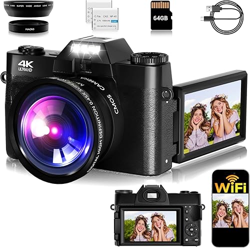 Miniatura 1 de Cámara digital, FHD 4K 75MP WiFi Vlogging cámara de video para YouTube con pantalla abatible de 180 de 3 pulgadas, tarjeta SD de 64 GB, zoom digital