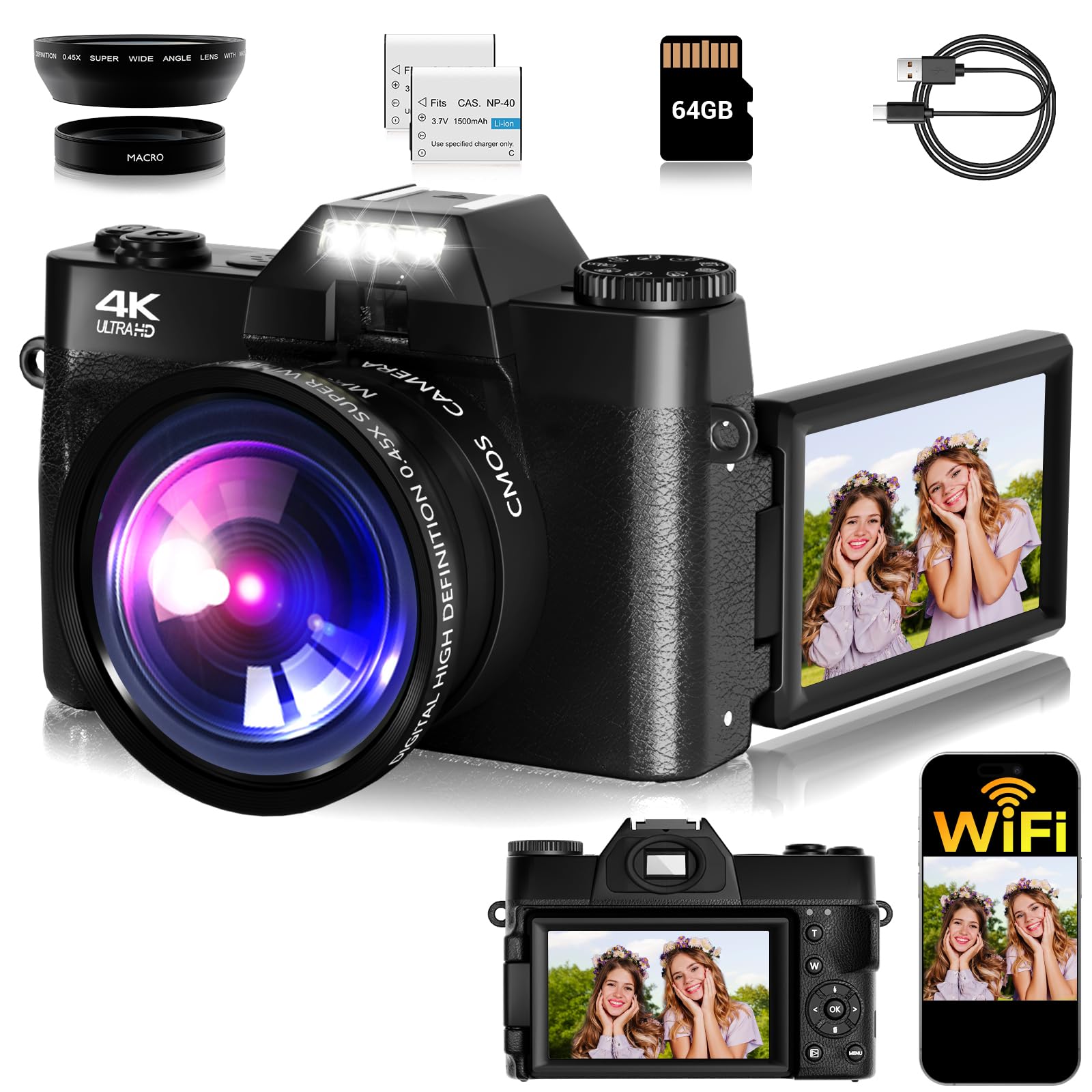 Camera Digital, FHD 4K 75MP WiFi Vlogging Video Camera for YouTube with 3'' 180°Flip Screen, 64GB SD Card, 16x Digital Zoom, 2 Batteries, Point and Shoot Digital Camera for Beginner Black