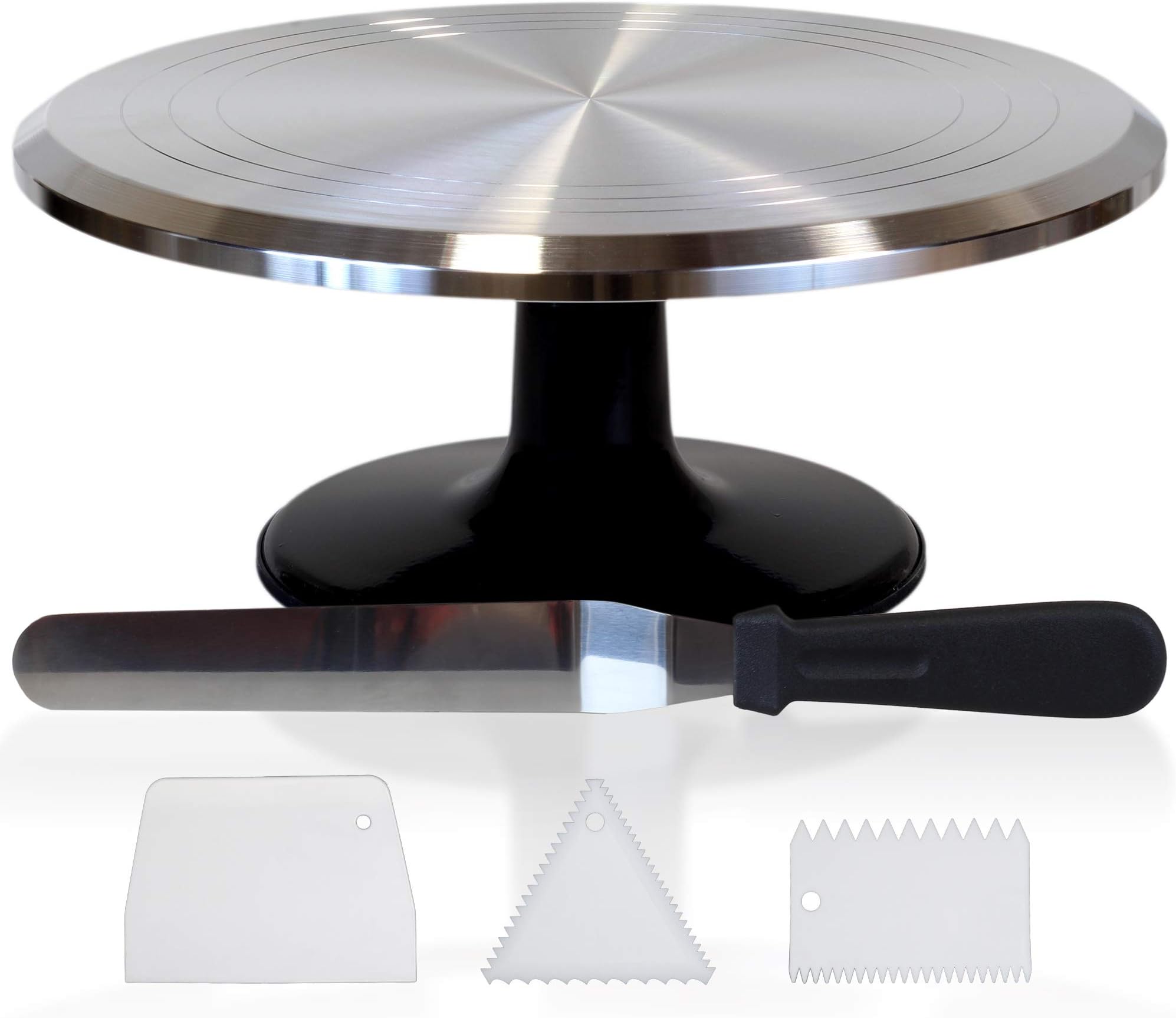 Topeka Trading Company Rotating Cake Decorating Turntable with Bonus Icing Spatula | 12" Diameter Aluminum Alloy Stand with Platform | Non-Slip Base & Smooth Rotation (Silver/Black)