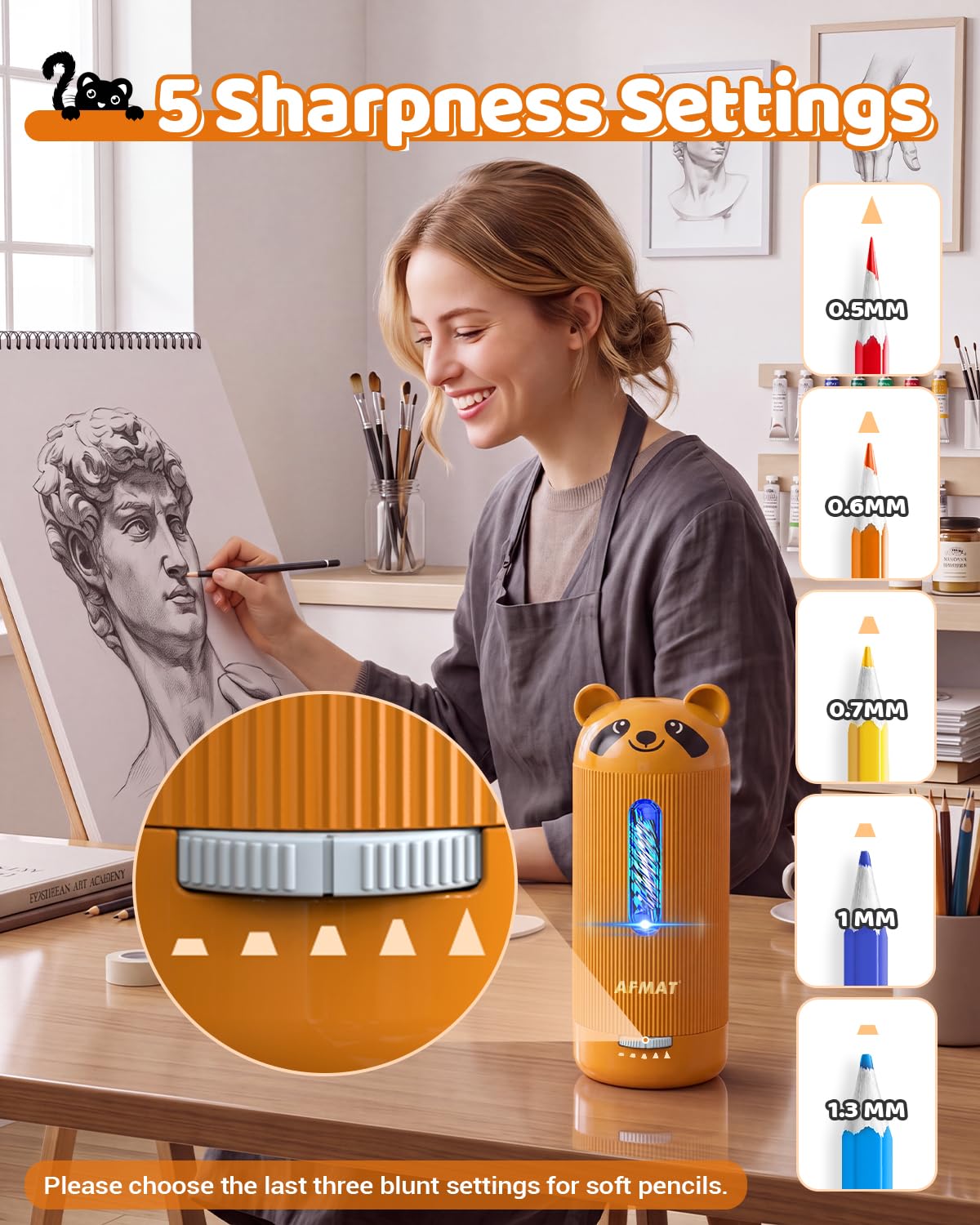 AFMAT Temperamatite elettrico con contenitore e 5 livelli di affilatura, auto in e out, temperamatite rapido ad alte prestazioni per matite spesse e sottili (6,5-12 mm), USB-C, ricaricabile, per