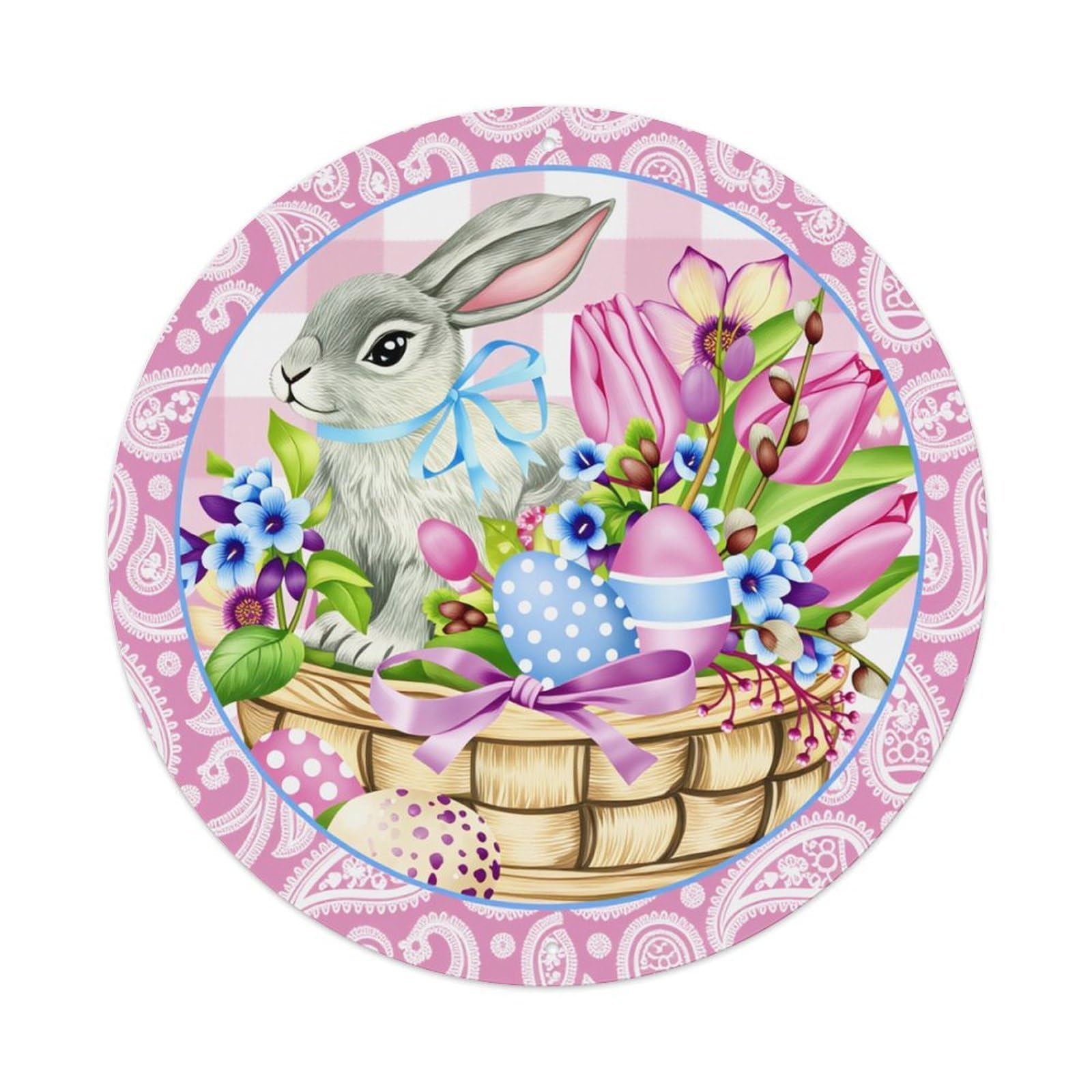 Easter Bunny Basket Flowers Eggs Round Tin Sign Retro Metal Sign for Cafe Bar Pub Home Game Room Gym Club Wall Decoration Vintage Metal Poster 8x8 Inch