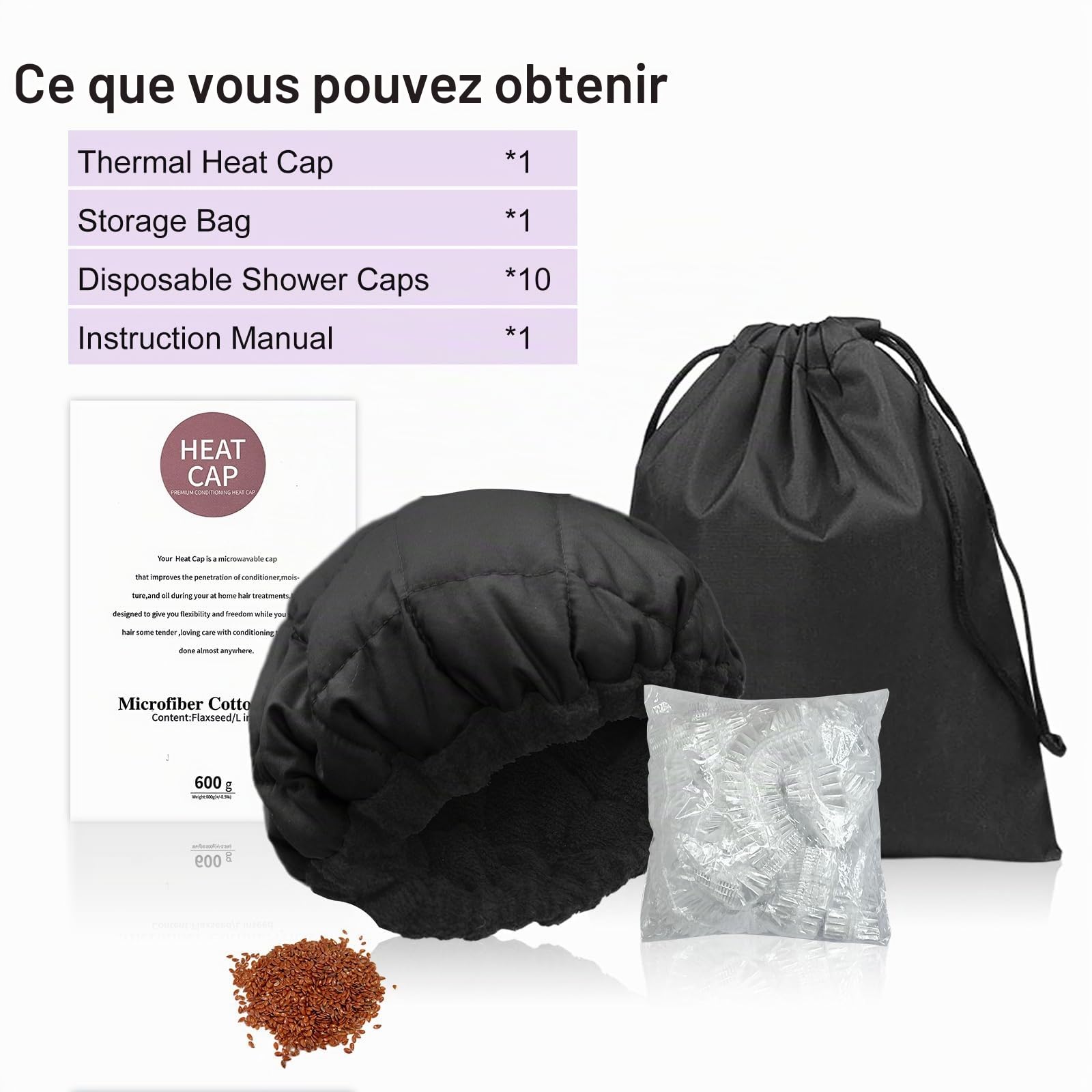 MQUPIN Bonnet Chauffant Cheveux Soin, Bonnet Chauffant Capillaires Profondément pour Tous Types de Soins, Casque Chauffant en Profondeurcoton en Microfibre, Chauffage par Micro-ondes(Noir)