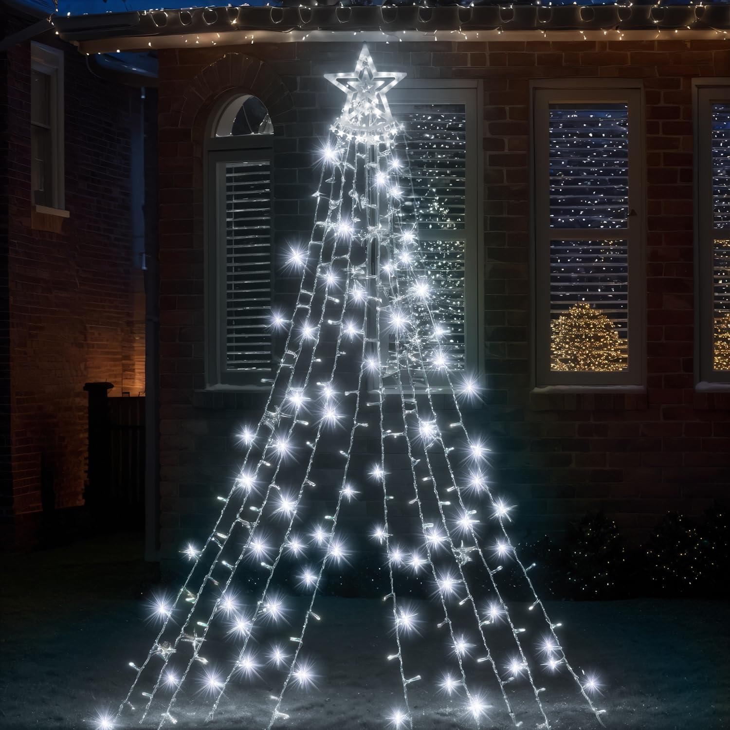 GloBrite Outdoor Curtain Star Fairy Lights, Hanging Window Waterfall Lights, 350 LED, Waterproof, Christmas Tree Lights, Plug in - Christmas Decorations (Cool White)