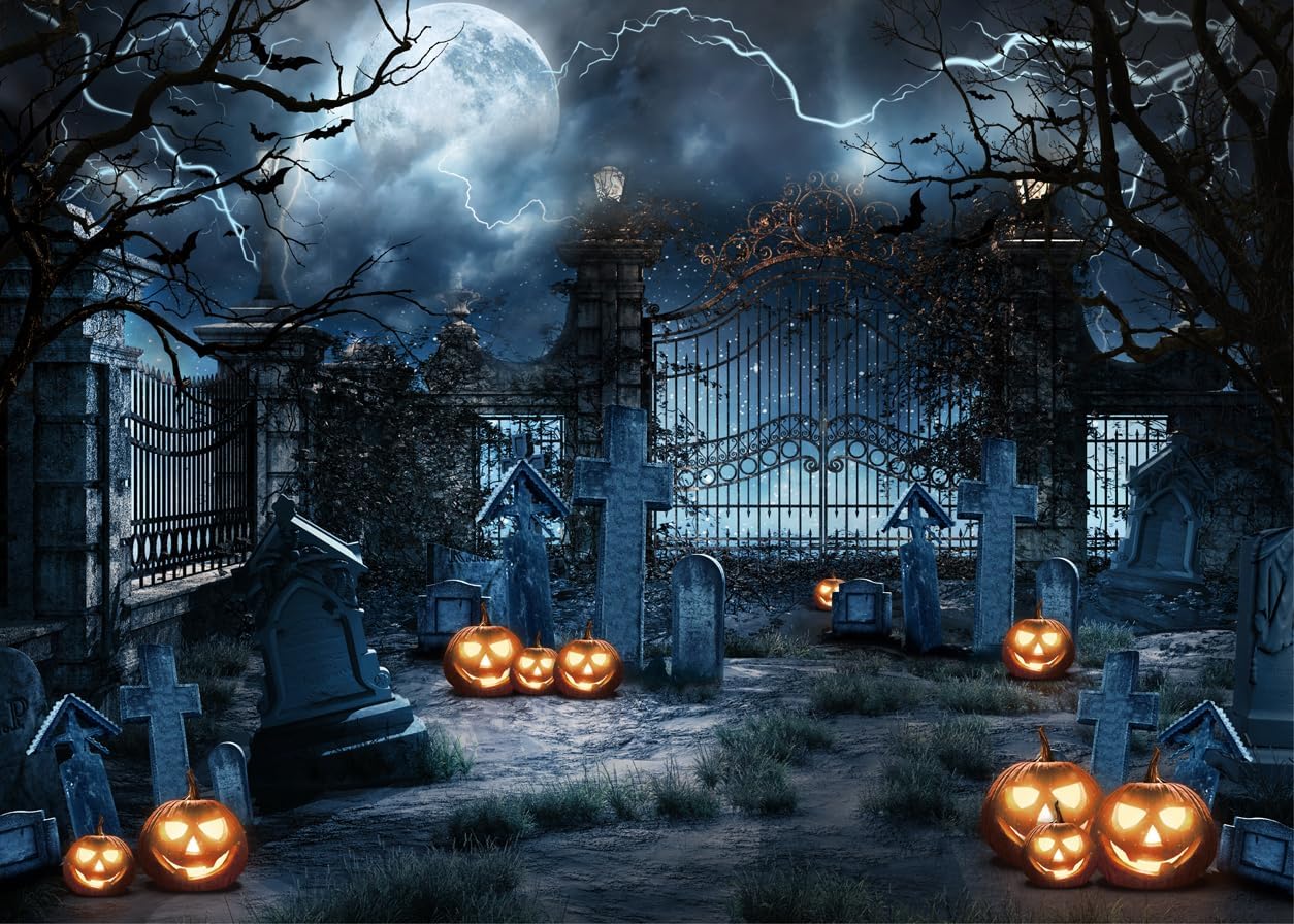 LYCGS 8X6FT Horror Forest Night Photo Backdrop - Scary Castle, Pumpkin Lantern, Tombstone - Halloween Decoration Banner X-153