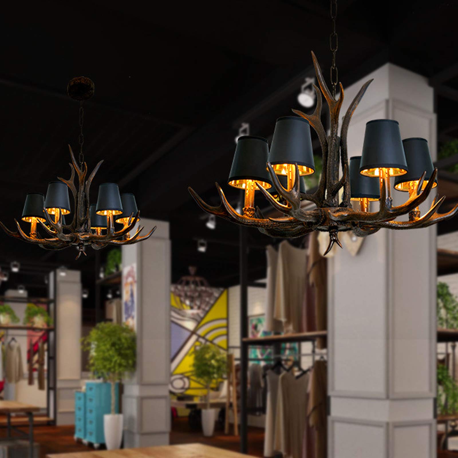 Żyrandol w stylu vintage, retro, E14, w kształcie poroża, żywica, 6 lamp, industrialny, dekoracyjny, do apartamentu, z regulacją wysokości, z abażurami, oświetlenie salonu, baru, kawiarni, jadalni