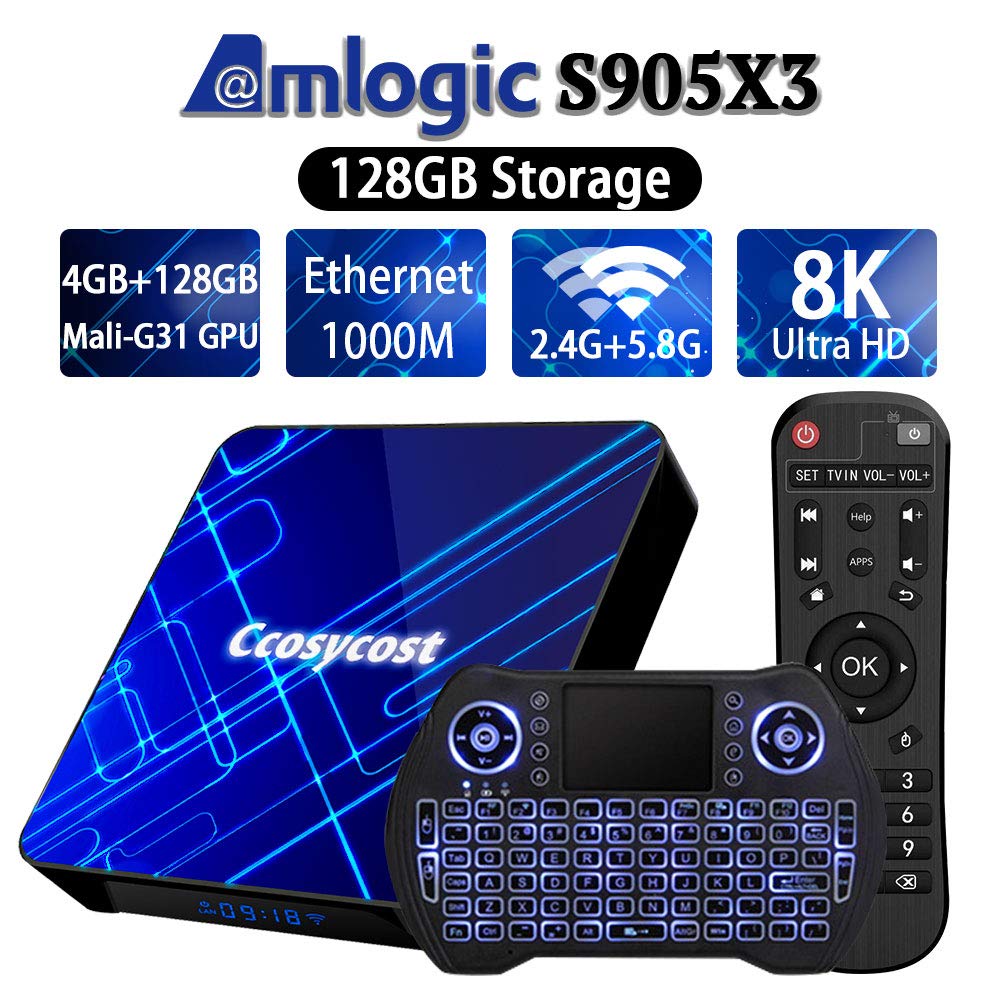 Android TV Box 9.0 4GB 128GB Smart TV Box Amlogic S905X3 Set Top Box with Backlit Wireless Keyboard USB 3.0 Ultra HD 4K 8K HDR Dual Band WiFi 2.4 5.8GHz BT 4.1 Streaming Media Player