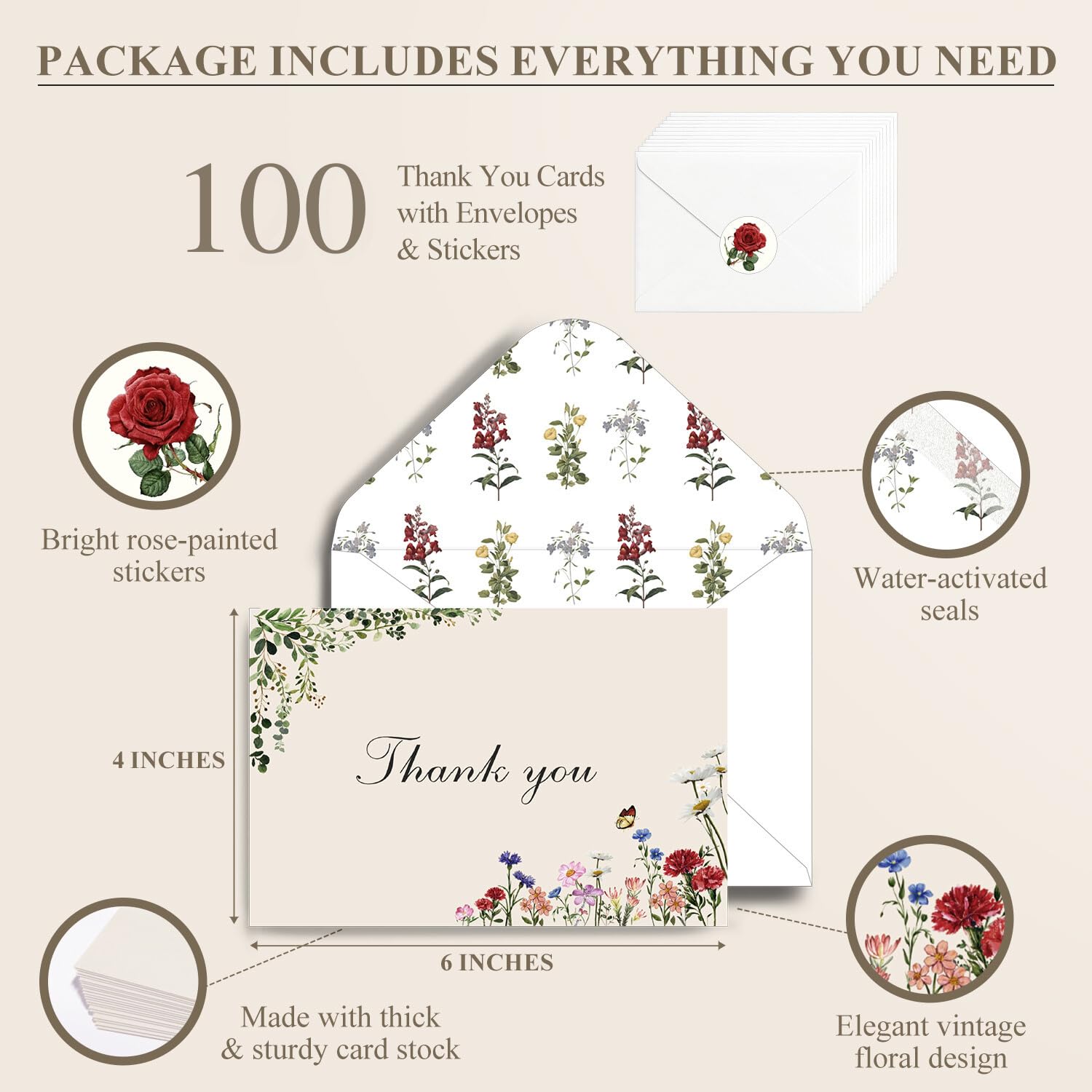 Paquete de 100 tarjetas de agradecimiento de flores vintage de 4 x 6 pulgadas con sobres, elegante diseño floral, tarjetas de agradecimiento en blanco a granel para cumpleaños, boda,
