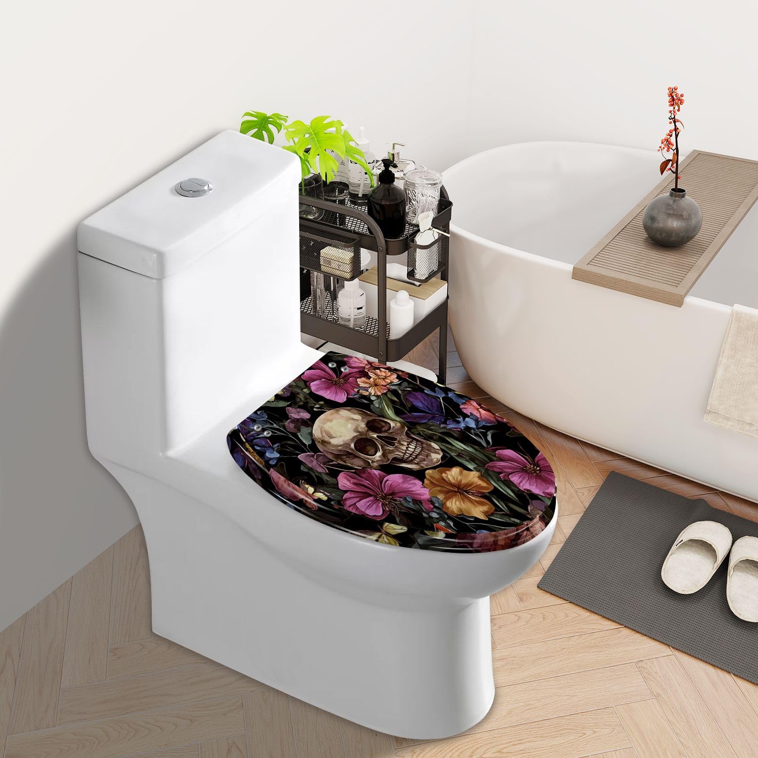 Sedile WC Allungato Decorativo In Resina con Copriwater: Teschio Ricamato, Farfalla E Fiore Tropicale, Chiusura Lenta E Silenziosa, Cerniere A Sgancio Rapido, Facile Da Pulire E Installare.