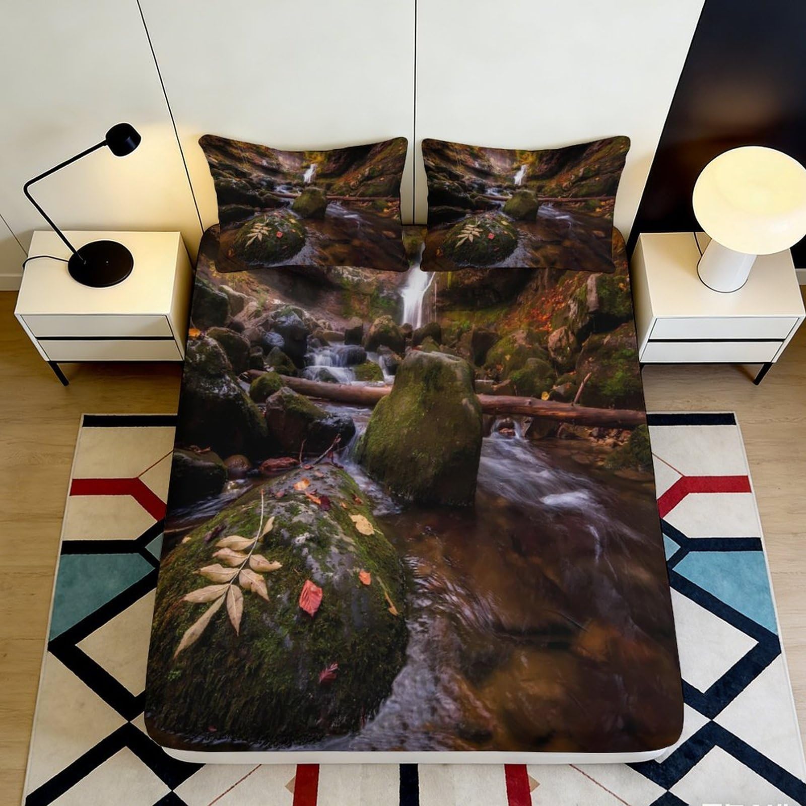 Ctjqhvmx Style-10 3D Printed Forest Waterfall Fitted Sheet Microfiber Deep Pocket Bedding Set Forest Mattress Fitted Cover Non-Slip Full Wrap Washable 90X200x25cm 90X200x25cm