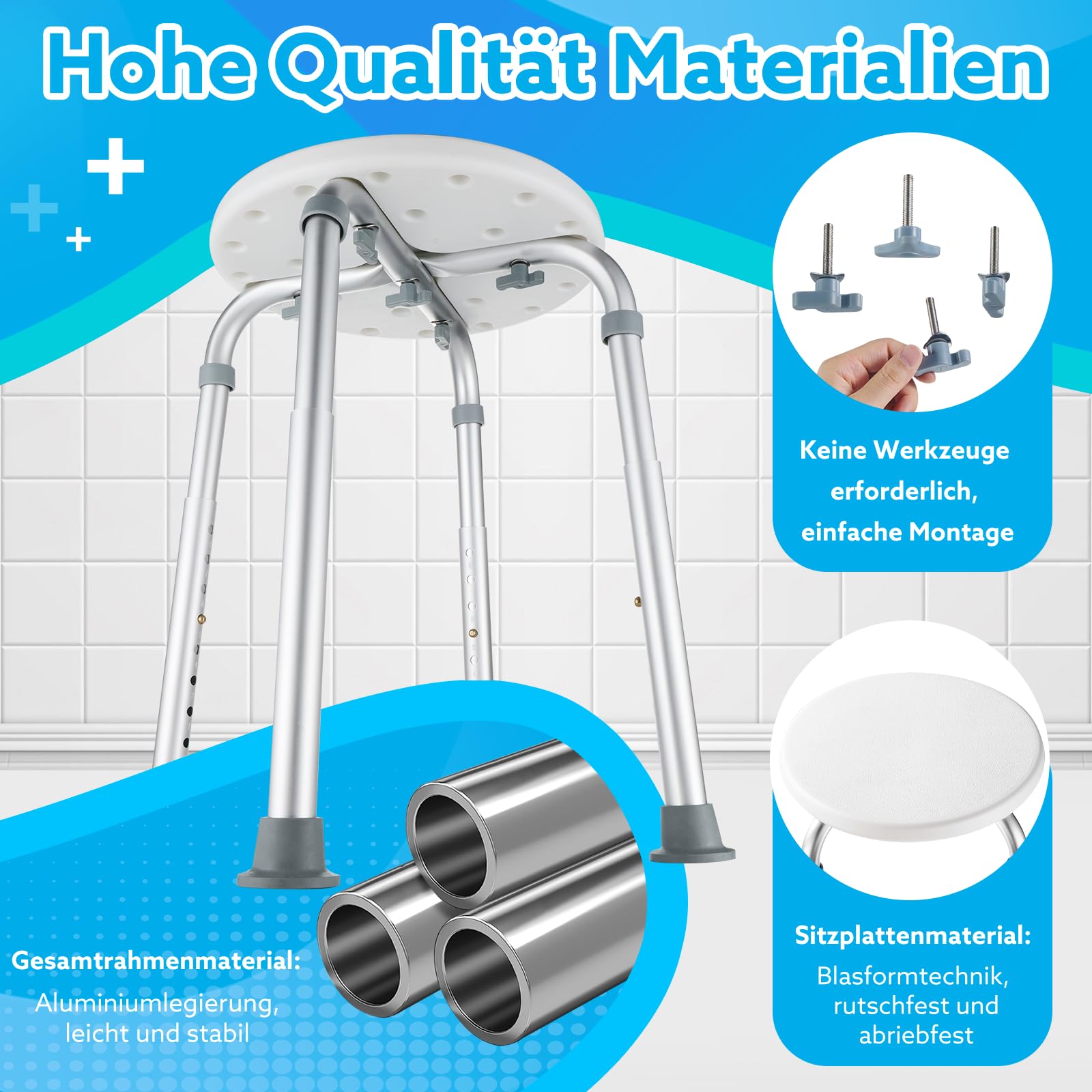 Duschhocker Höhenverstellbar 37-57cm, Duschstuhl 8 Stufen, Duschhocker für Senioren Belastbar bis 136kg, Badhocker mit Rutschfesten Gummifüßen für ältere Menschen, Senioren, Grau