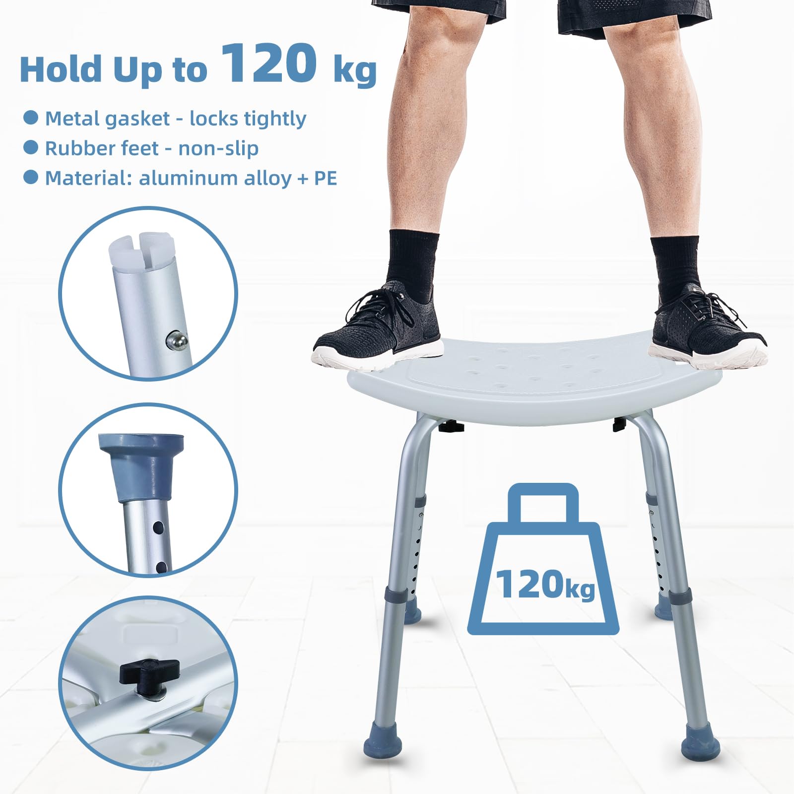 CCLIFE Taboret prysznicowy dla seniorów z antypoślizgową matą, 120 kg, regulacja wysokości, aluminiowe krzesło prysznicowe, antypoślizgowe 40-54 cm