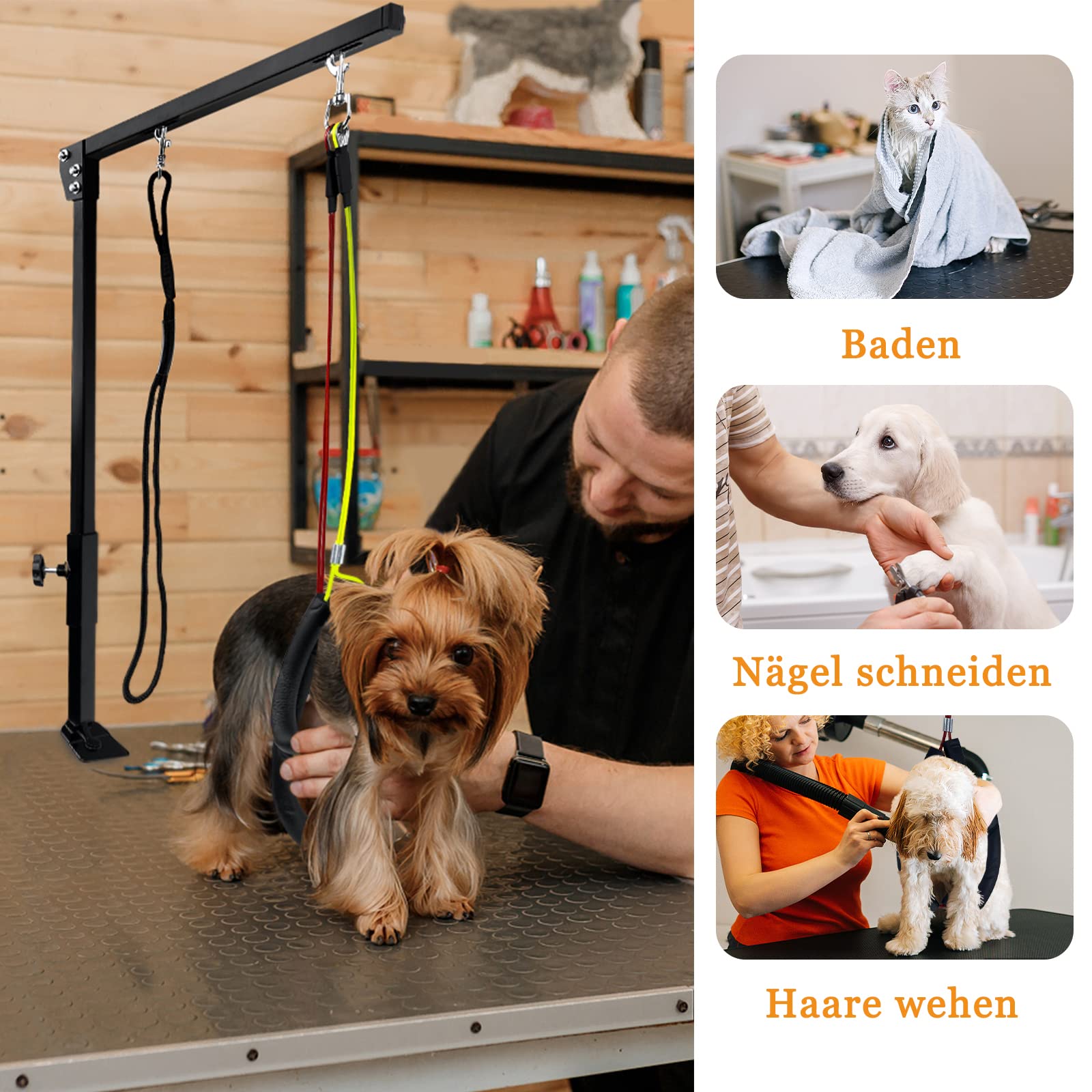 Aufun Haustier-Fellpflegearm mit Klemme, Verstellbar Hundepflege Bauchgurt, Faltbarer Tierpflegearm, höhenverstellbar für große und kleine Hunde, professionelle Tierpflege(2 Stück), Schwarz