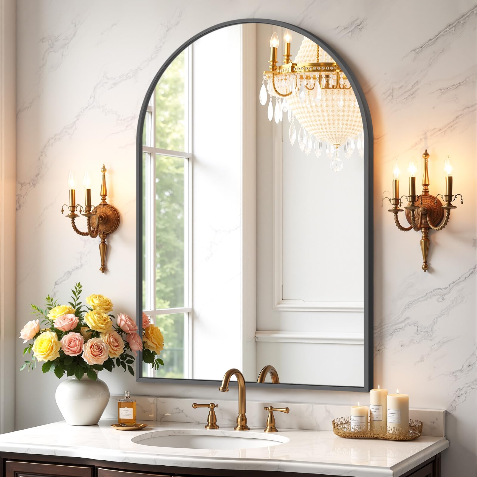 Bathroom Mirror for Wall, 38x26 Inch Arched Mirror, Matte Black Metal Framed Bathroom Vanity Mirrors for Restroom Farmhouse, Anti-Rust, Tempered Glass, Hanging or Leaning