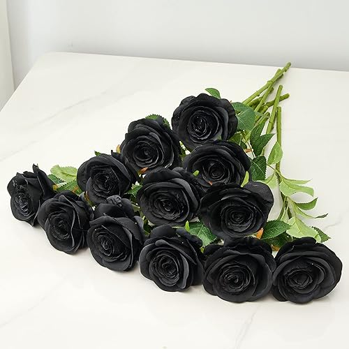 Miniatura 4 de Helera 12 rosas artificiales, rosas falsas, rosas de seda negras, flores de seda blanca, rosas con tallos largos para bodas, hogar, fiestas, centros