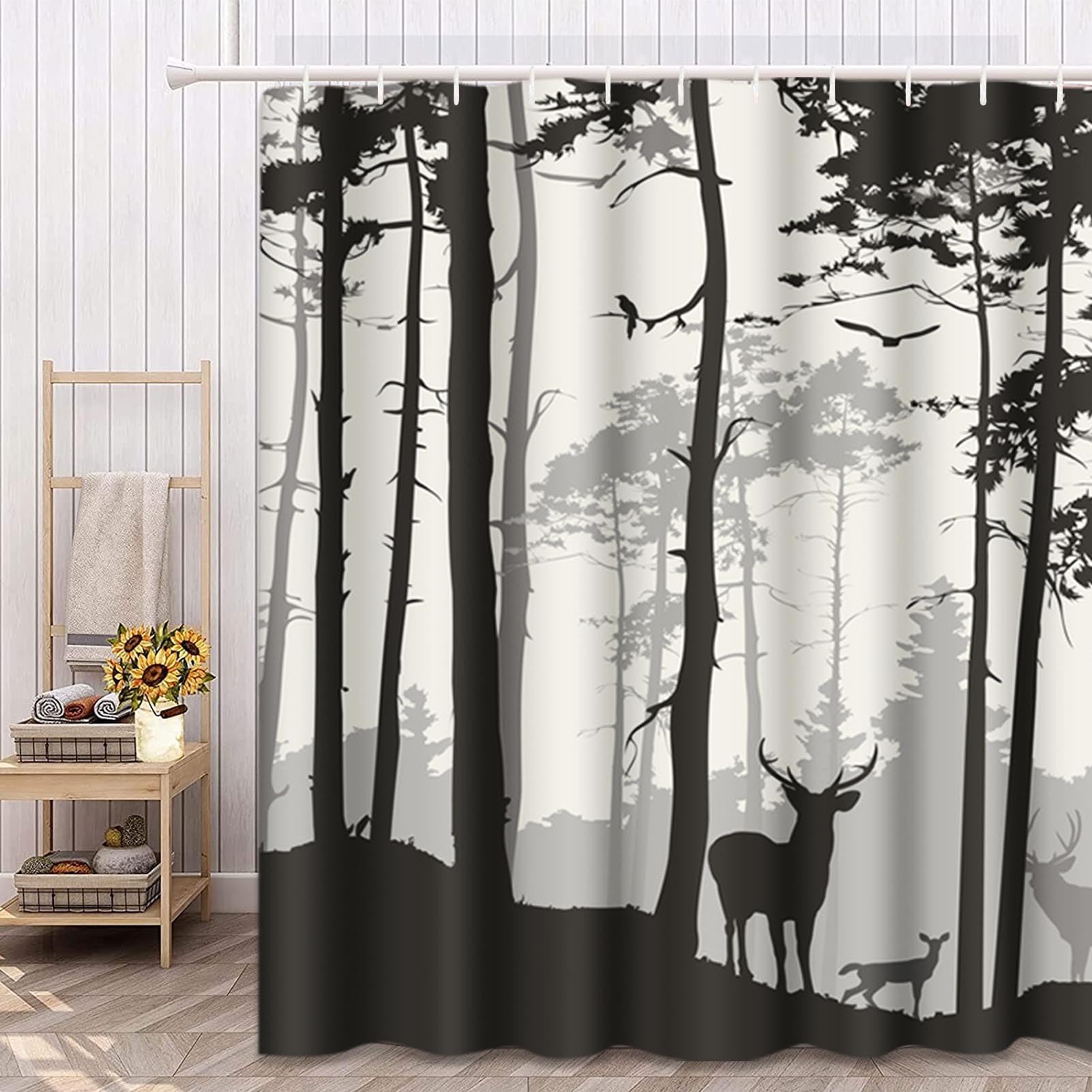 Decorative Shower Curtain Silhouette of Pine Forest Family Deer and Birds Brown 72"x72" Waterproof Tree Bathroom Shower Curtain Set with Hooks