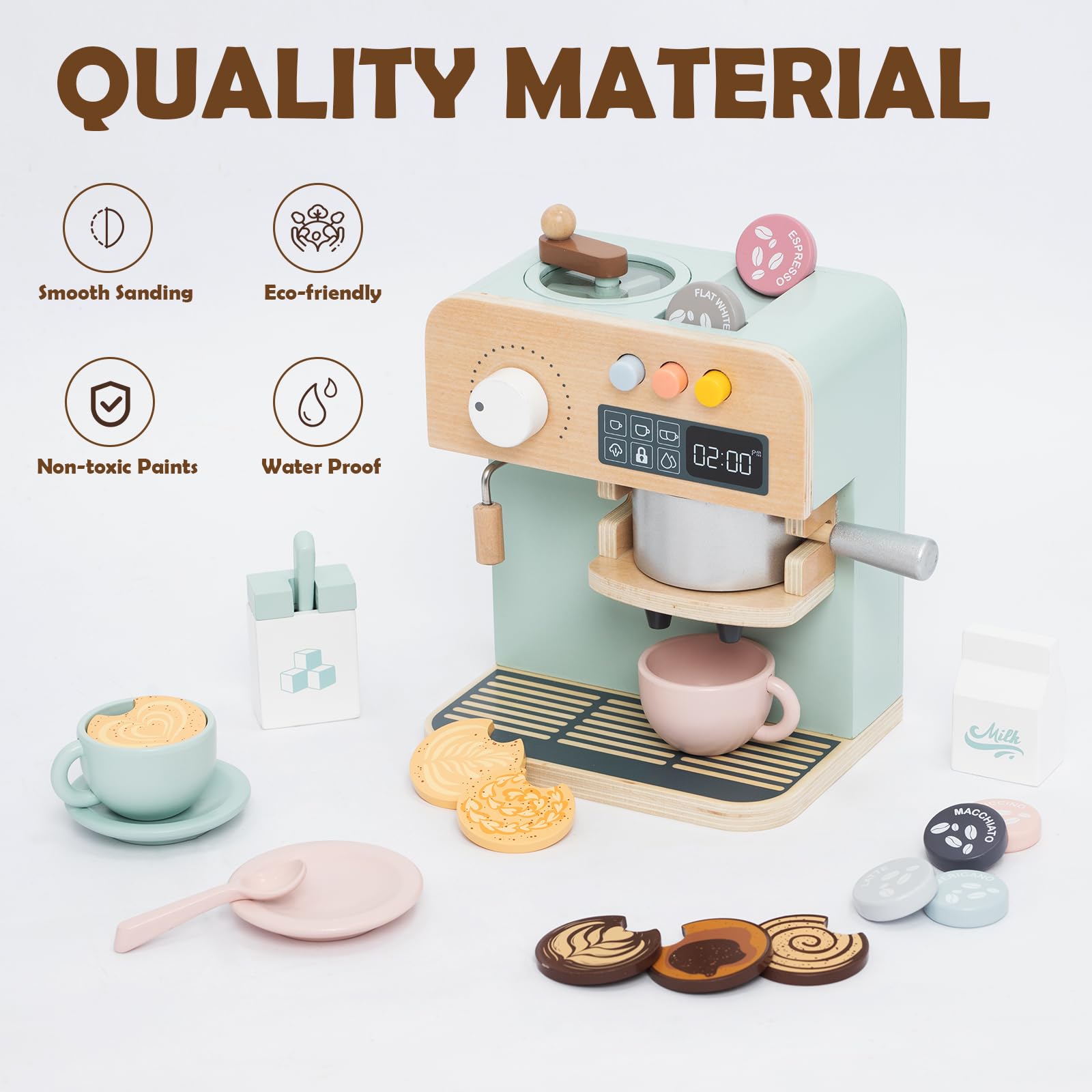 Kinder Kaffeemaschine Spielset, 23PCS hölzerne Küche Spielzeug, Spielen Küche Zubehör für Kleinkinder, Espressomaschine Spielset, Geschenk für Jungen und Mädchen 3 4 5 Jahre