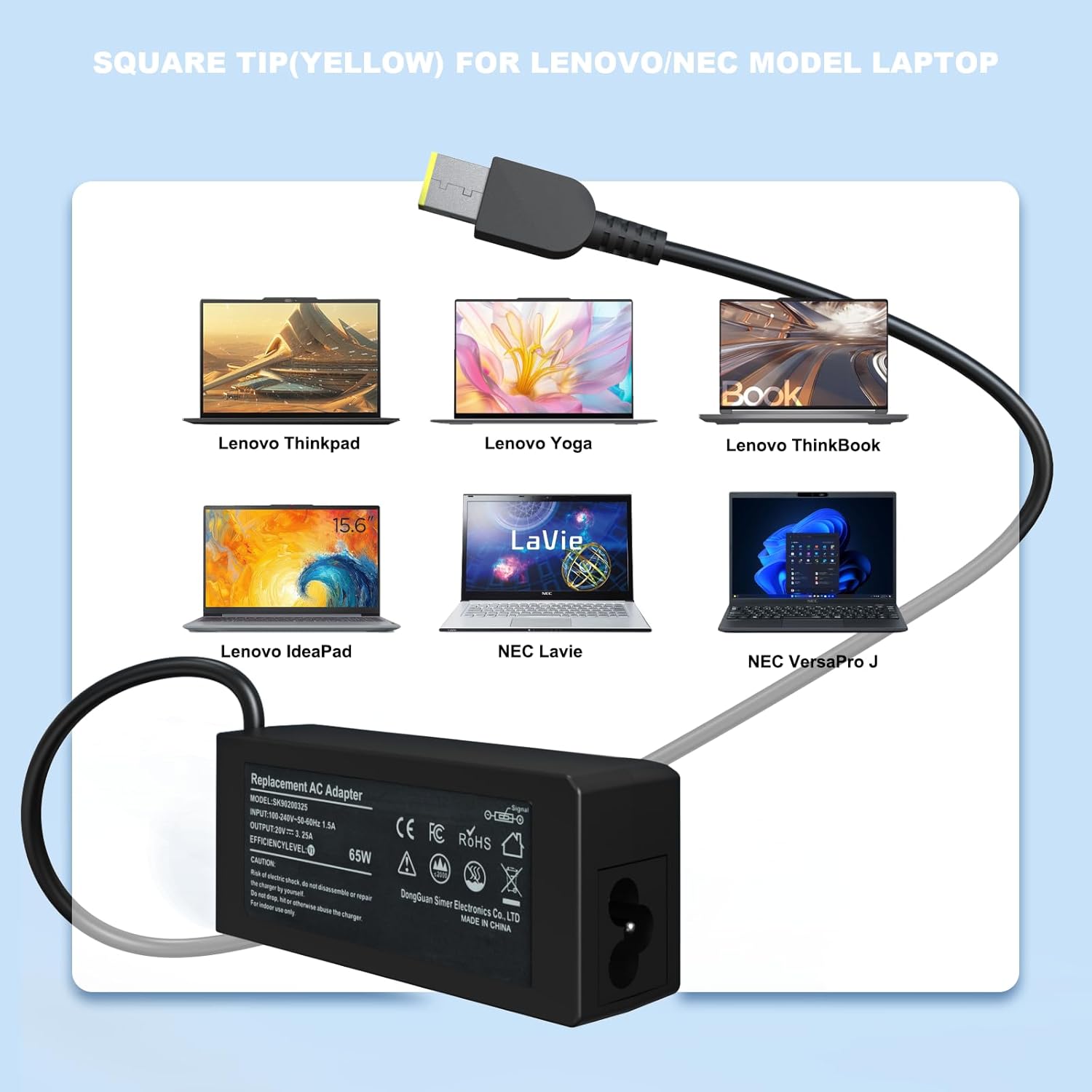 65W Laptop Charger Compatible with Lenovo Thinkpad T470 T470S T460 T460S T440 T440S T450S T560 E450 E550 E560 L560 L460 L470 L440 X270 X250 X240 G50 G50-80 Yoga 2 11 11s 13 Square Tip Adapter - Image 7