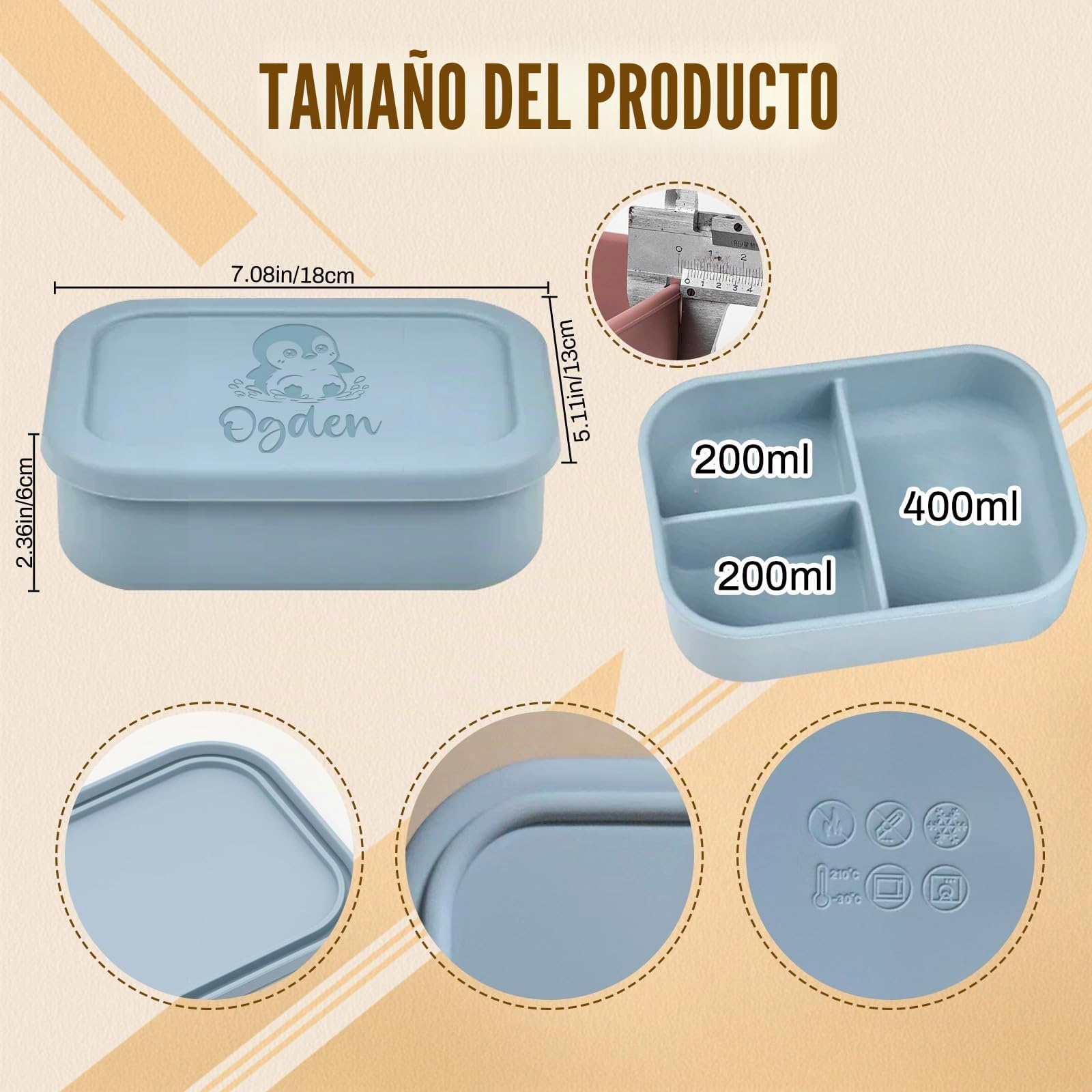 Fiambrera Bento Personalizado, Fiambreras de Silicona con Nombre, 20 patrón | Fiambrera Bento de Silicona de 3 Compartimentos Personalizada, Fiambrera de 800 ml, para Microondas Lavavajillas Antiderrames