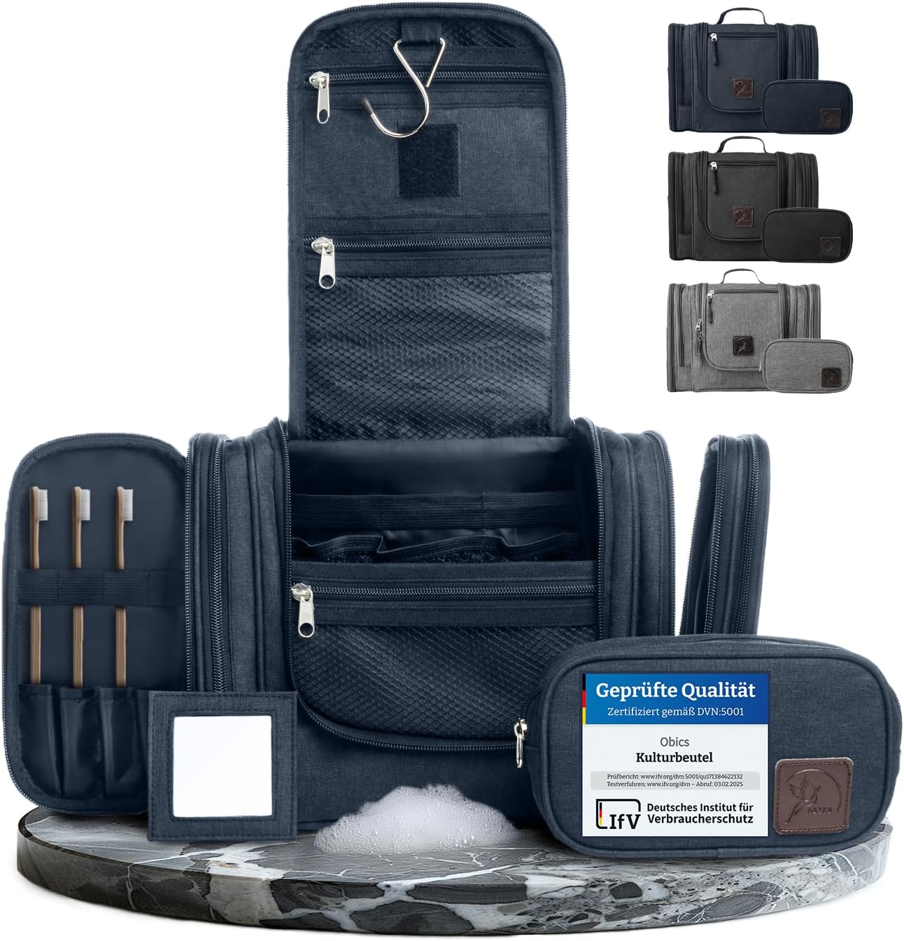 Obics® XXL Travel Toiletry Bag for Women Men 8L Large Cosmetic Wash Bag with Hanging Handle Camping Toiletry Pouch with Mirror (10 Compartments), Blue, Toiletry Bag