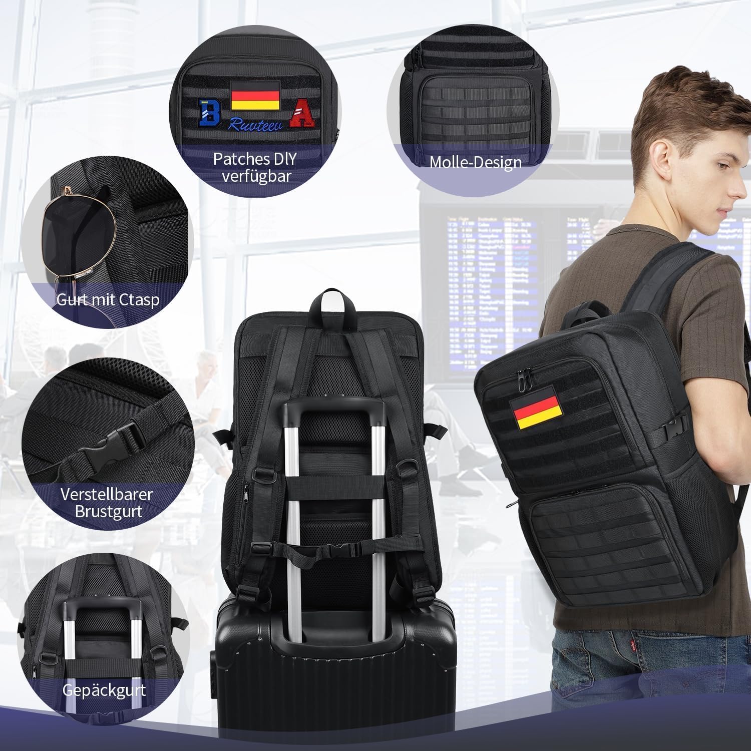 BERTASCHE Zaino da pranzo con scomparto termico isolato, 17,3 pollici, zaino per computer portatile da uomo, tattico, lavoro, scuola, picnic, viaggi, nero