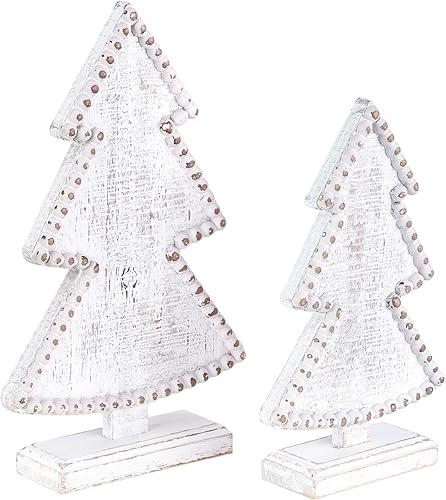 BAYSBAI Juego de 2 árboles de Navidad de madera, centros de mesa rústicos con cuentas para mesas, estante, repisa, escritorio de oficina, árboles de