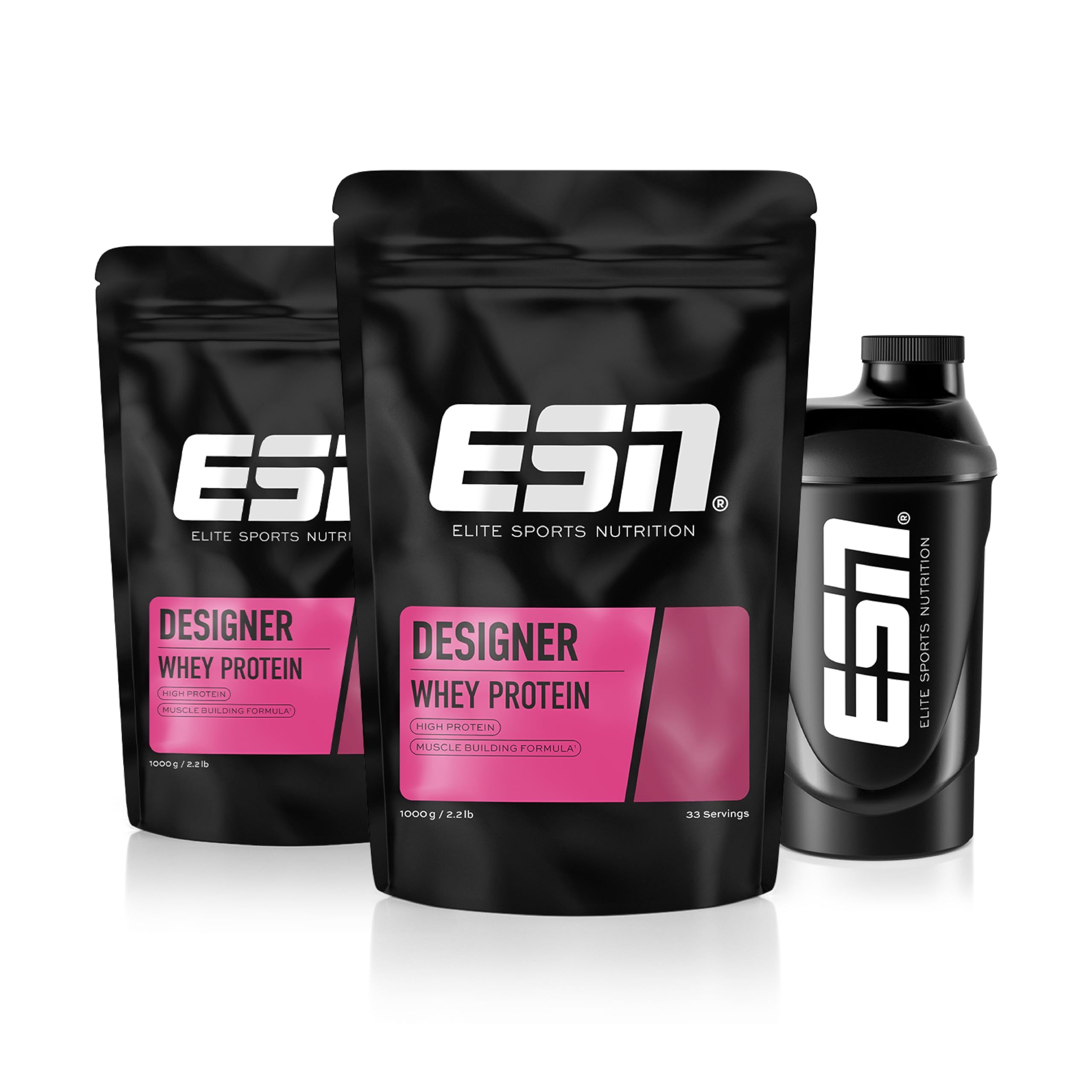 ESN Designer Whey Proteinpulver + Gratis Shaker, Vanilla Ice Cream, 2 x 1 kg, bis zu 23 g Protein pro Portion, ideal zum Muskelaufbau und -erhalt - made in Germany