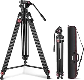 NEEWER Tripé de vídeo profissional NEEWER de 74" com cabeça fluida e placa QR compatível com gimbals DJI RS e Manfrotto; tripé reforçado com alça telescópica e base escalonada; carga máxima de 8 k