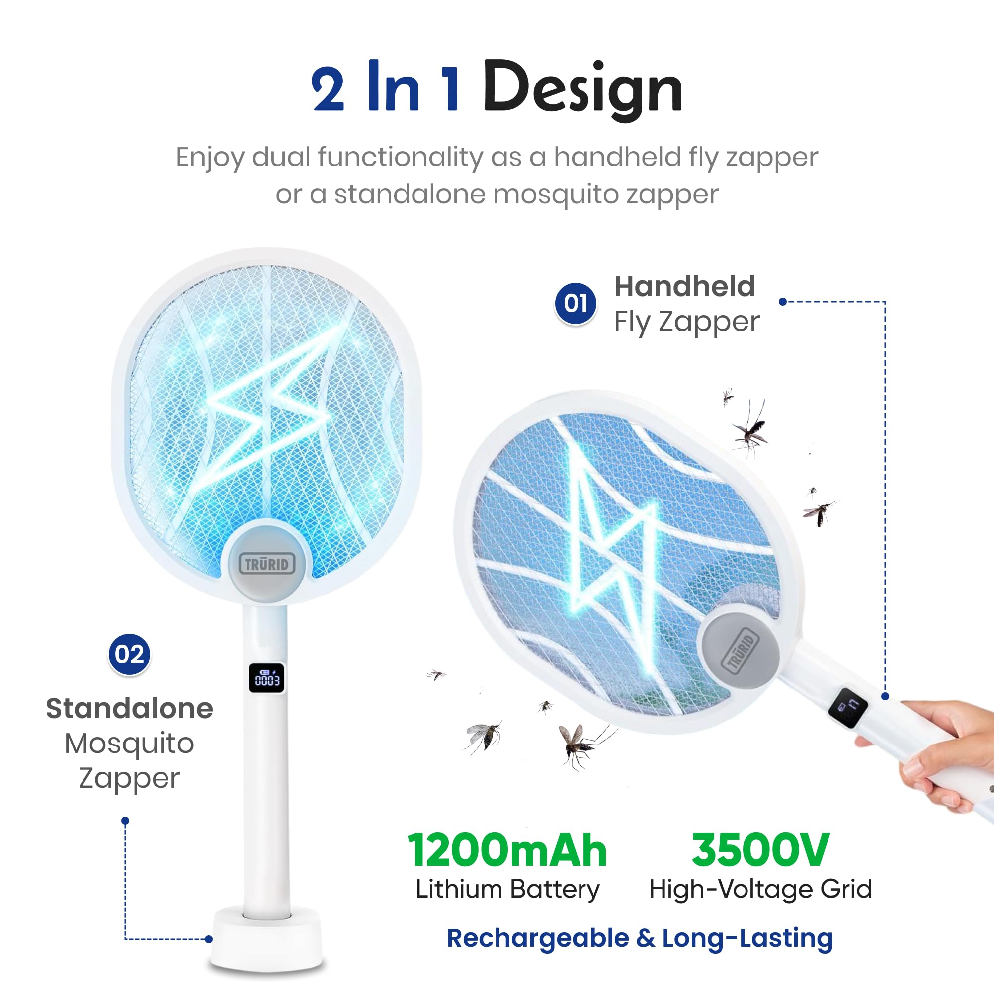 Matamoscas y Zapper 2 en 1 – Zapper de Mosquitos Recargable con Contador de Matanza, matamoscas de Alto Voltaje y Trampa de Mosquitos con luz UV para Control de plagas en Interiores y Exteriores