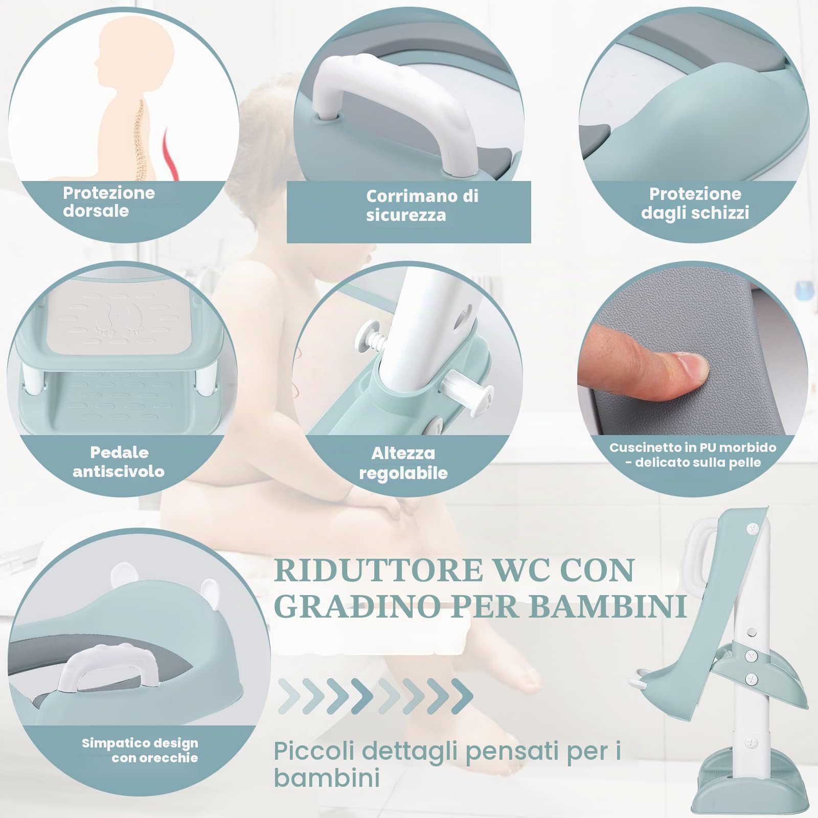 Riduttore WC per Bambini, con Scaletta, con PU Morbida Seduta Imbottita, Pieghevole, Antiscivolo, Adatto per Tazze a V, U Oppure O