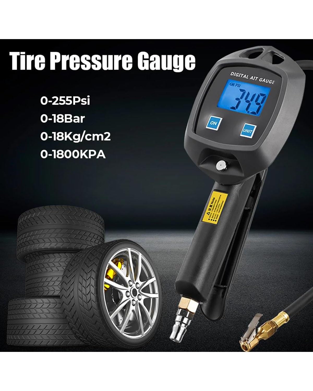 Manometro Pressione Gomme Manometro Per Pneumatici 0-18Bar 255Psi Monitor Con Ugelli Tubi Gonfiaggio Tester Auto Pistola Gonfiaggio Accessori Pneumatici Per Bici Manometro Digitale