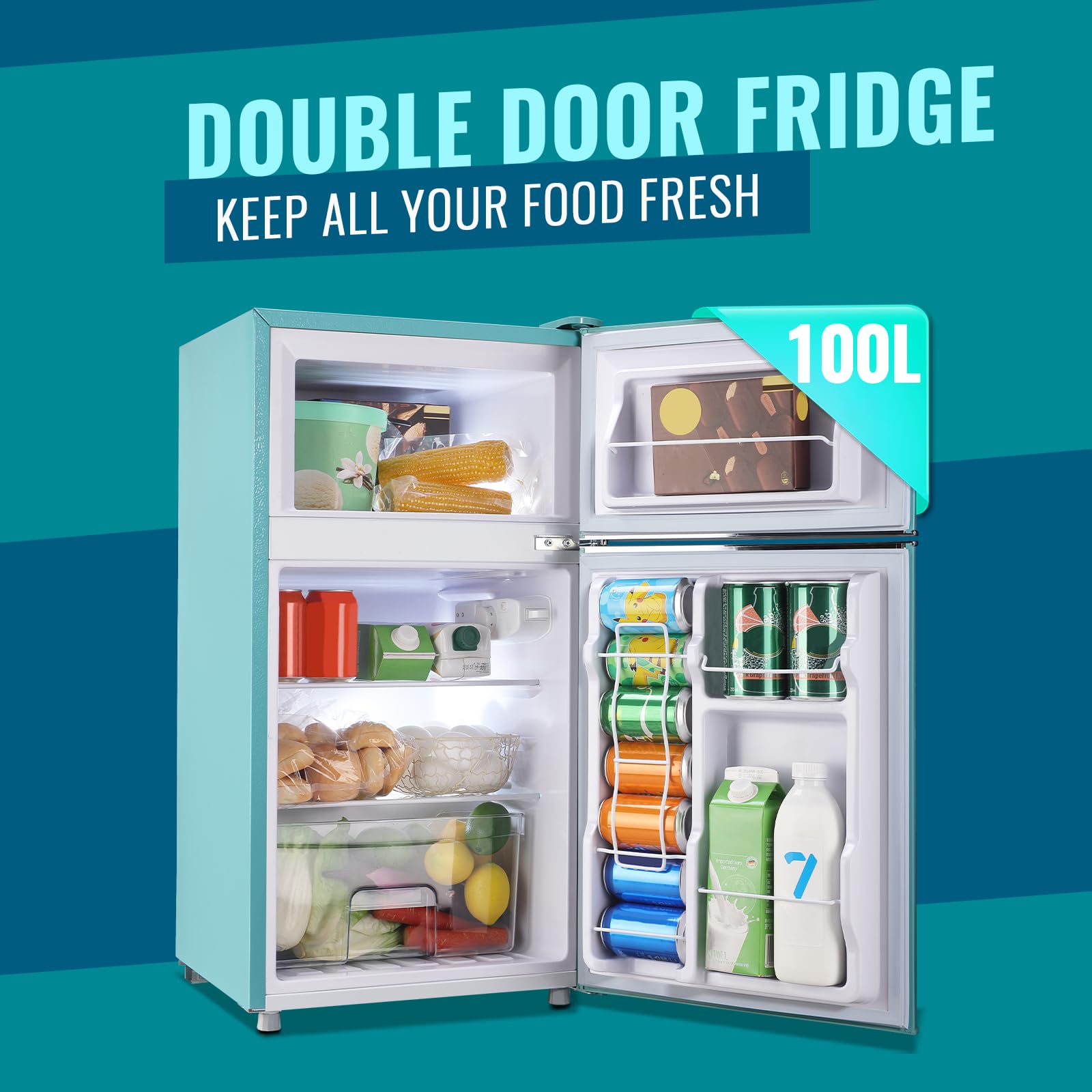WANAI Small Refrigerator 3.5 Cu.Ft Retro Mini Fridge Freezer Two Doors Handles For Home Dorm College Office Freestanding Blue Refrigerator With LED Light And Galss Shelves on Fridge.com - View 2