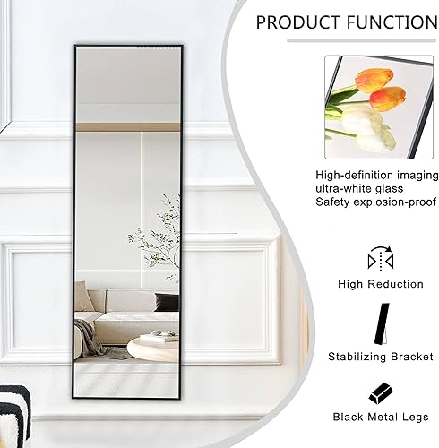 Miniatura 3 de Espejo de longitud completa, color negro de pie, 48 x 14 pulgadas, para dormitorio con marco de aluminio, espejo grande de cuerpo completo para