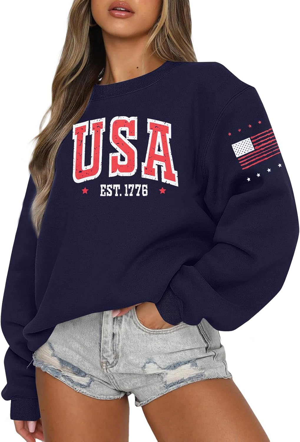 ASTANFY USA Letter Sweatshirt Womens Casual Long Sleeve Graphic Shirts American Team Flag CrewNeck Pullover Tops - Image 2
