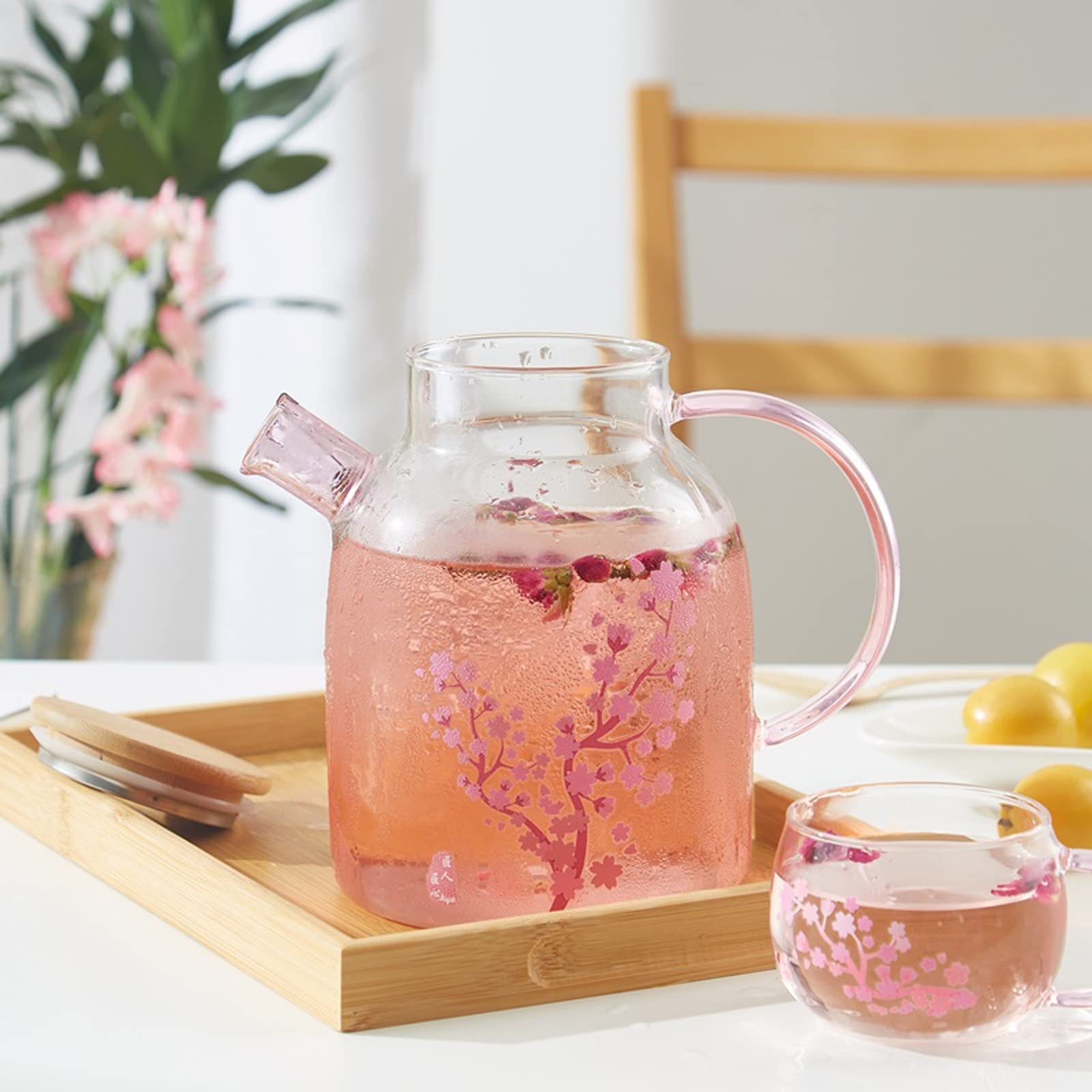 Karafka na wodę Szklany czajnik na zimną wodę Kubek Ciepło Kubek do herbaty Ciepło Przezroczysty Kubek Różowa Mata do czajnika Wygodny uchwyt Ice Tea Dzbanek (Kolor: