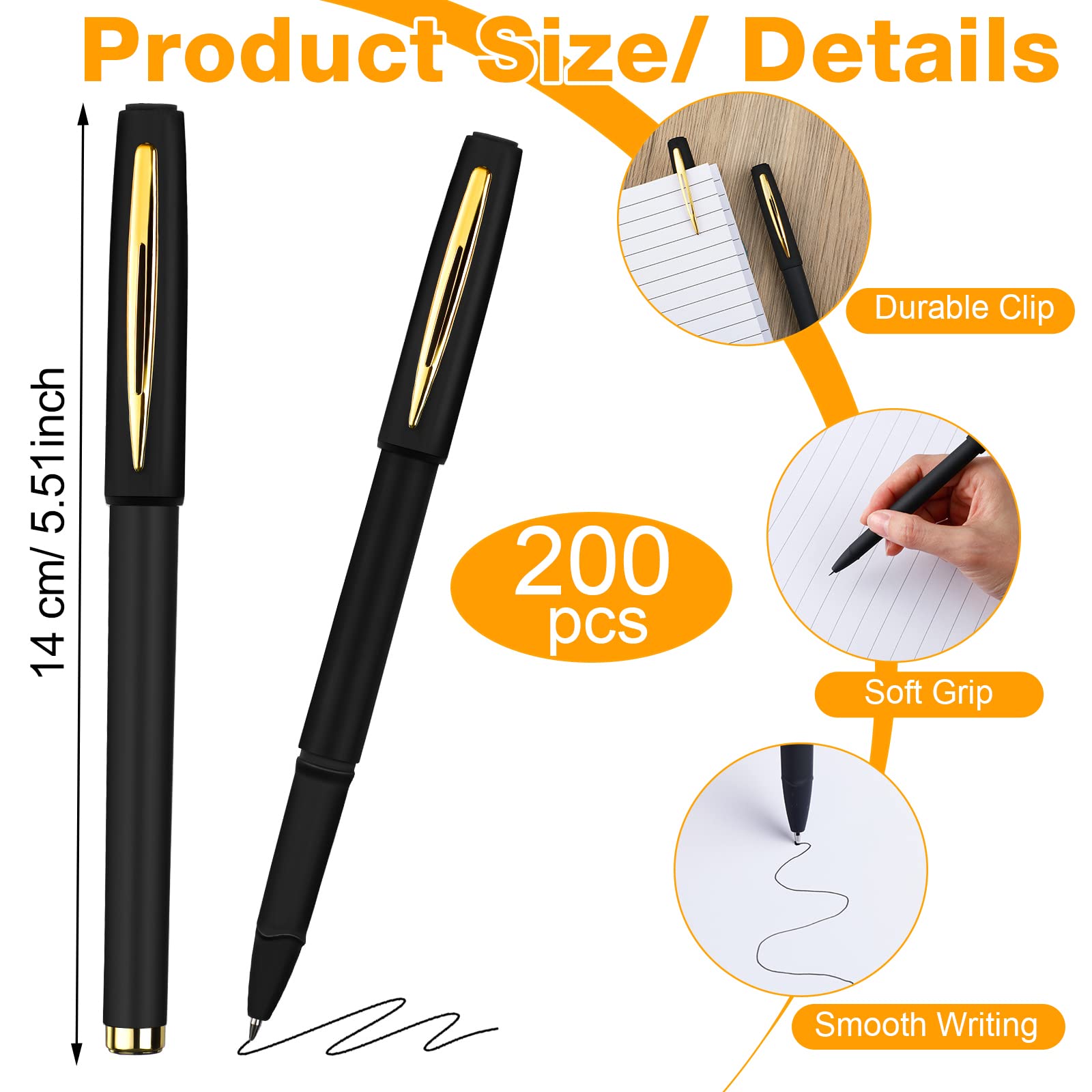200 penne a sfera nere con inchiostro gel nero Bulk da 0,5 mm a punta grassa, penne nere per ufficio, scuola, scrittura, appunti e schizzi