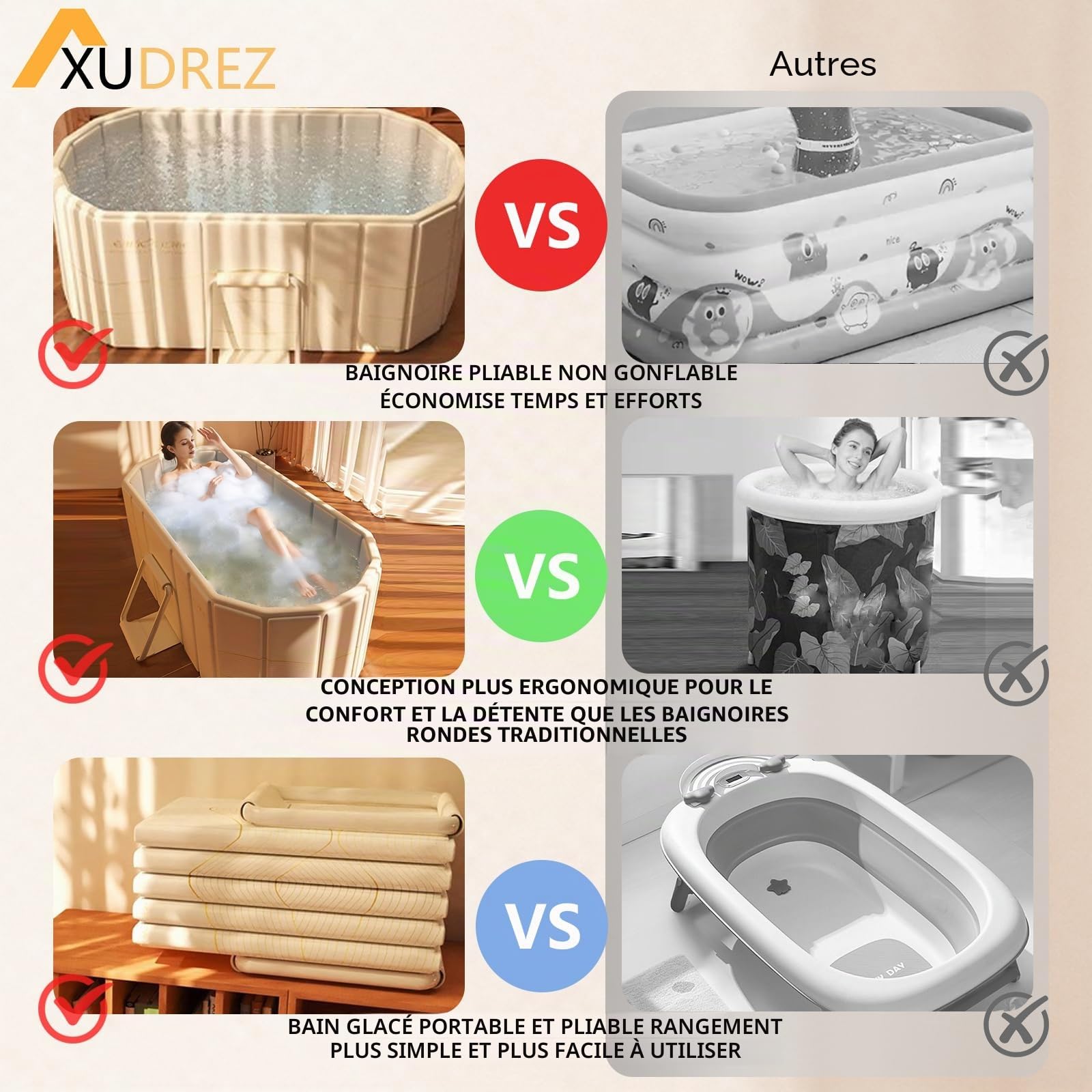 XUDREZ Baignoire Pliante Sauna SPA Bain Aromatique 1-2 Personne Couche Intermédiaire épaissie, Pliable Sans Couvercle, Baignoire Pliante Pour Adultes Et Enfants Bain Glacé Et Chaud 1,5m / 4.92 Ft, OR