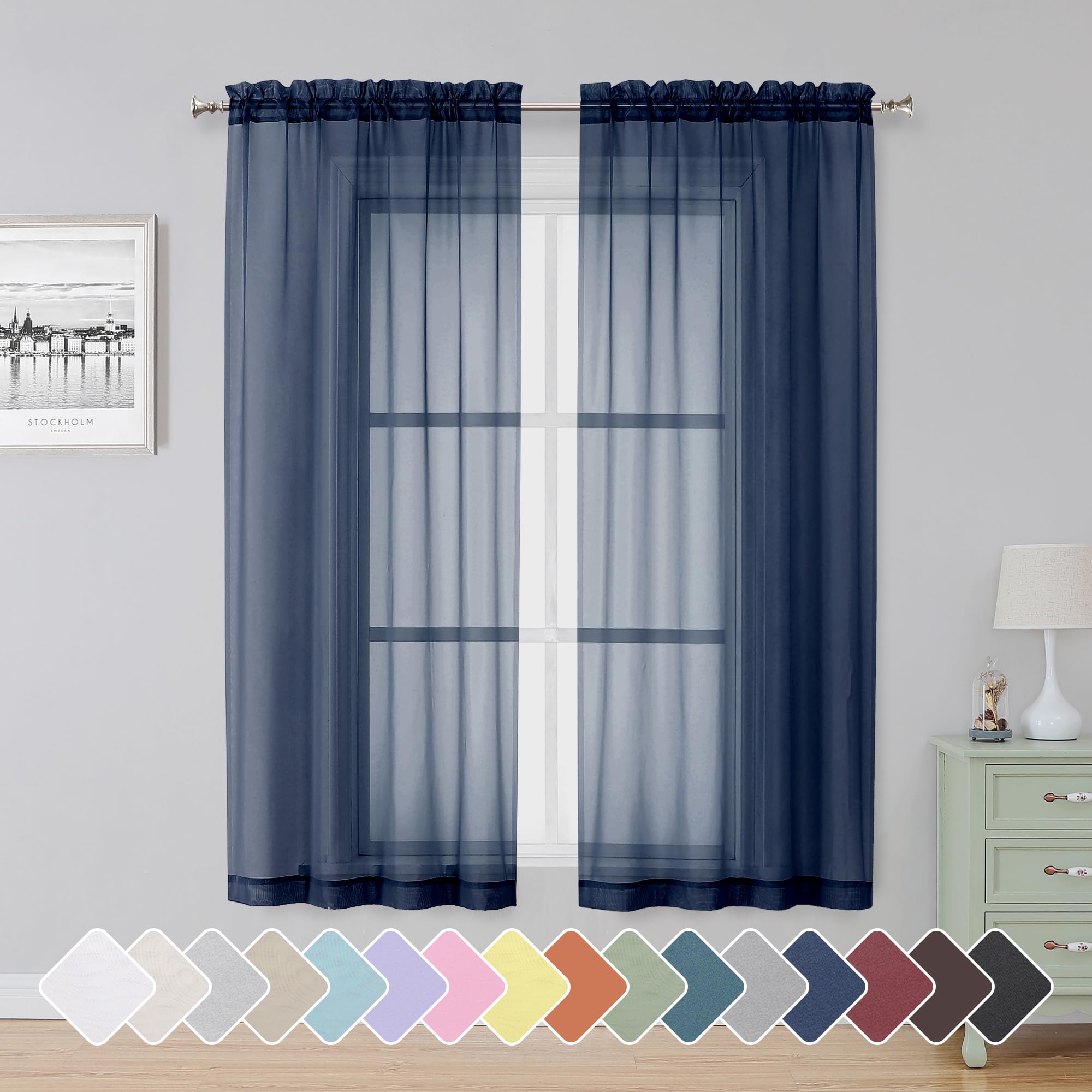Simplebrand Navy Blue Sheer Curtains 63 Inch Length 2 Panels for Bedroom